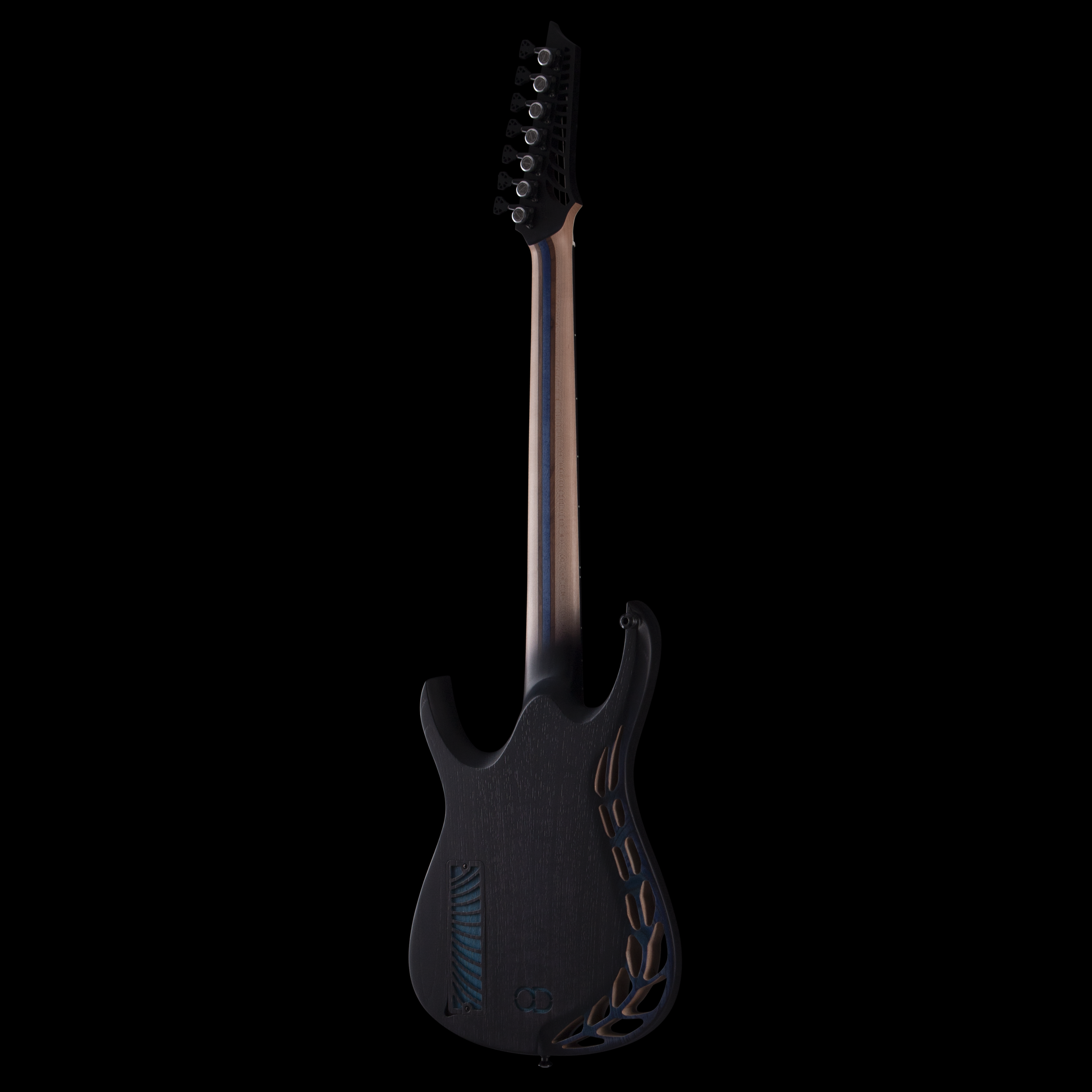 A black electric OD guitar neck and headstock with tuning pegs, positioned vertically against a black background.