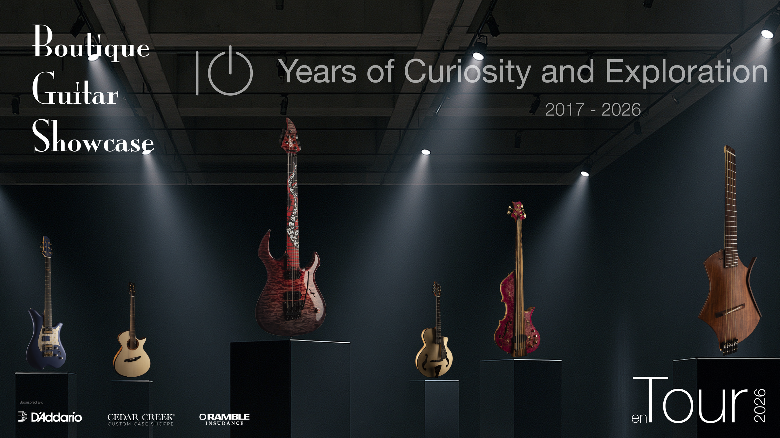 Several electric and acoustic guitars displayed on black stands in a dimly lit showroom with spotlights. The overlay text reads "10 Years of Curiosity and Exploration 2017 - 2026" with sponsor logos at the bottom.