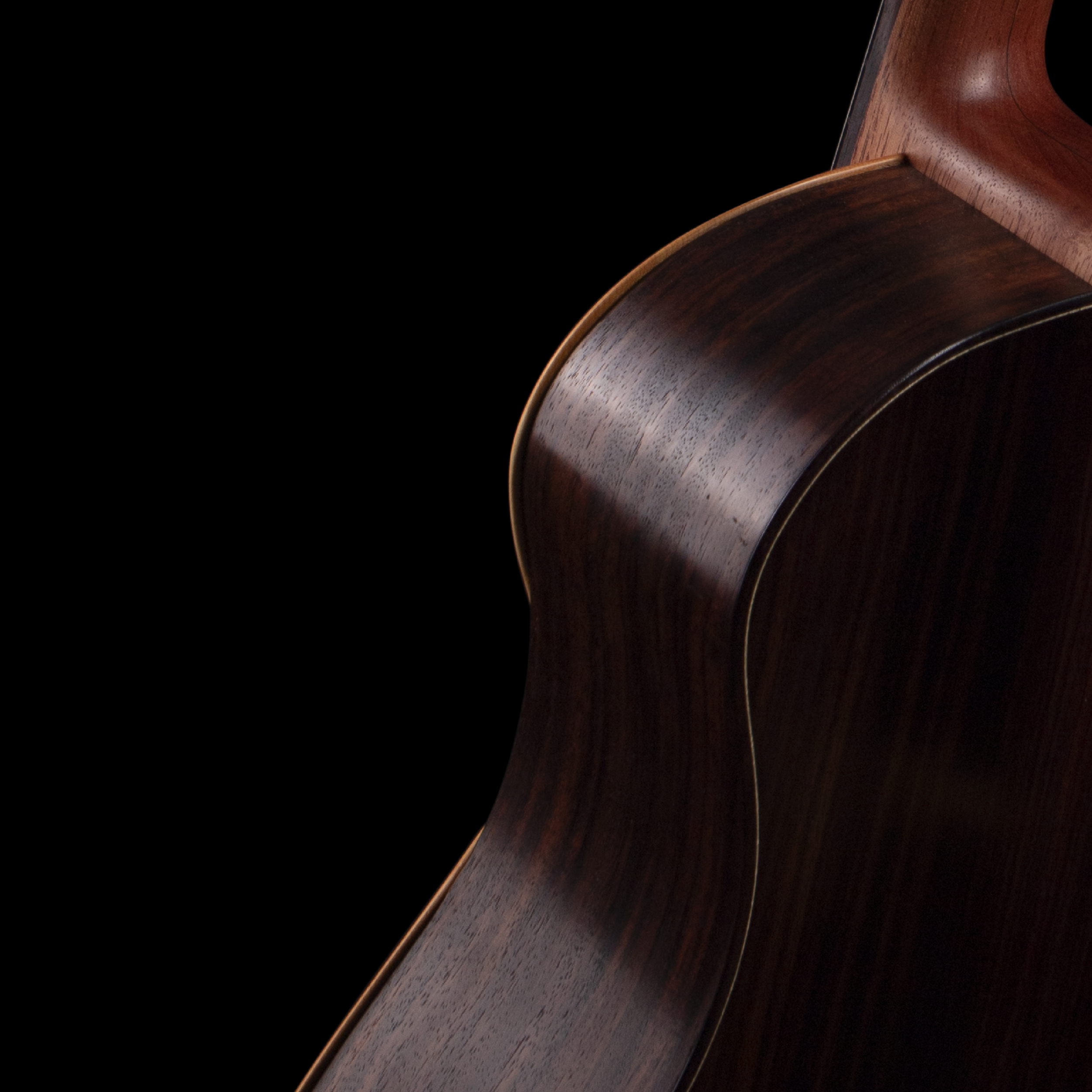 Close-up of a wooden Sankey guitar neck against a black background.