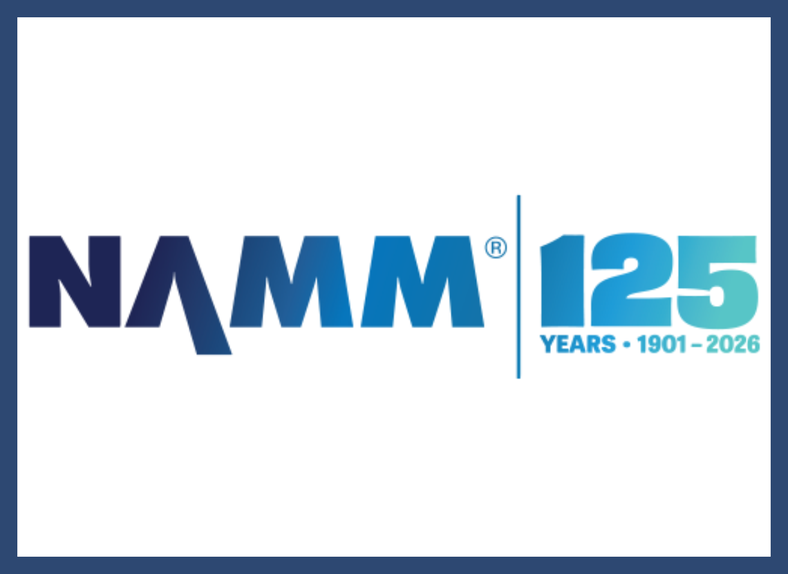 NAMM 125th anniversary logo with blue and teal text and graphics.