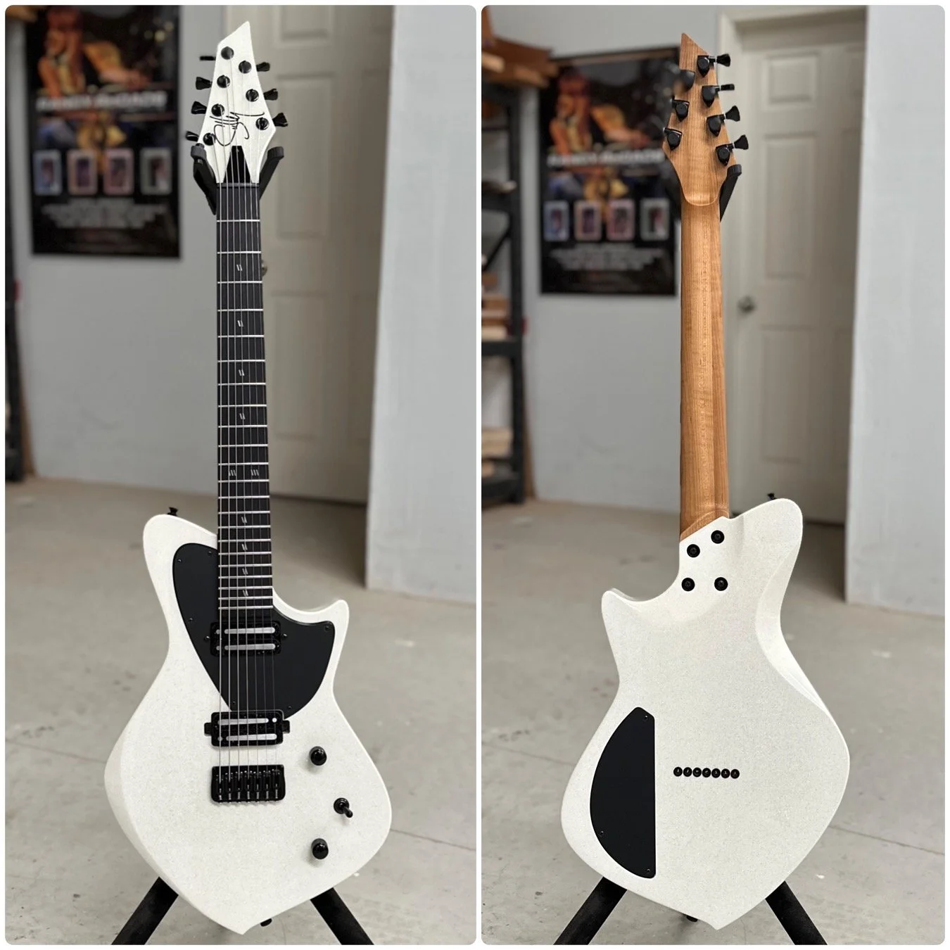 Electric Sully guitar with a white body, black pickguard, and black hardware, shown from the front and back against an indoor background.