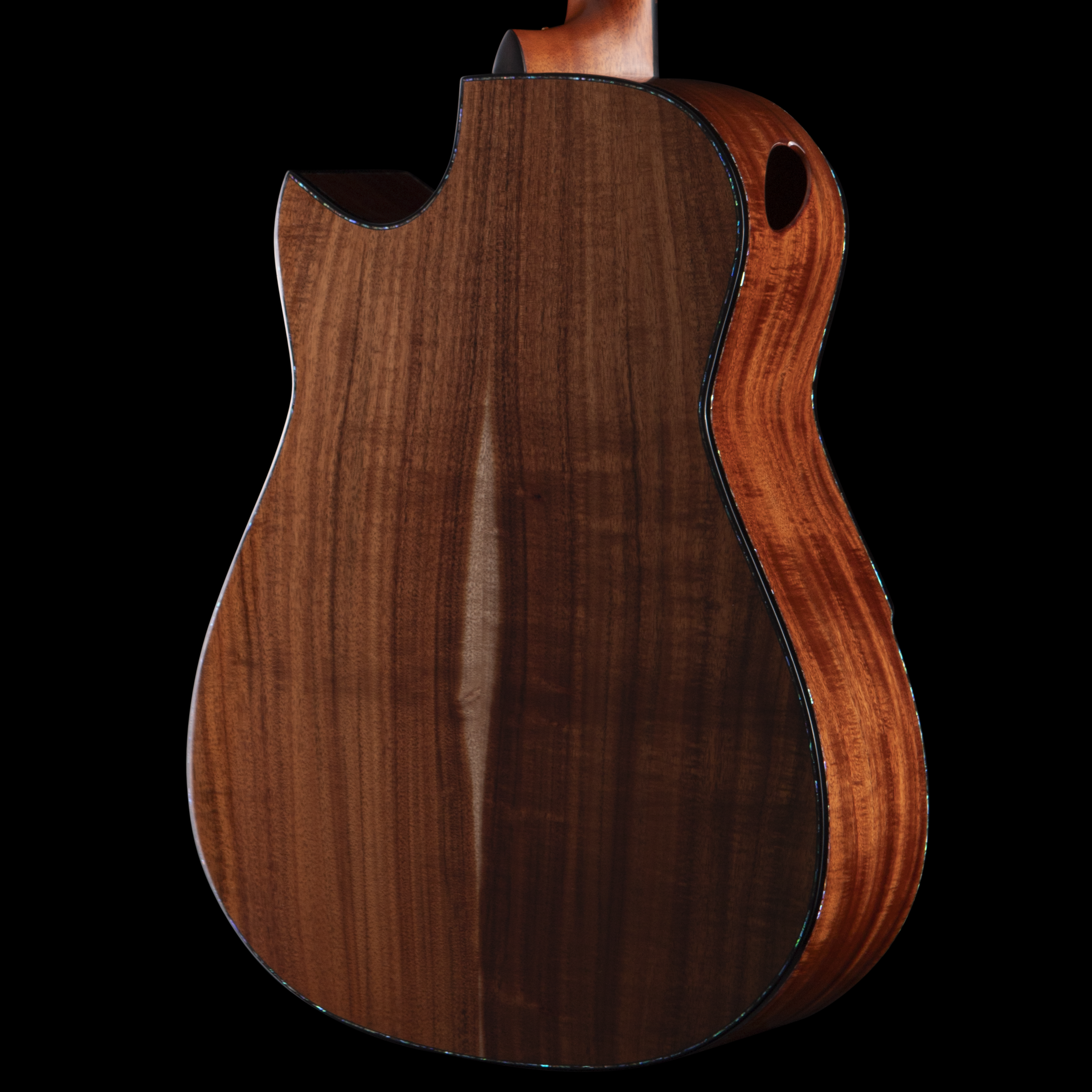 Close-up of a wooden acoustic hozen guitar's body, showing its curved shape and glossy finish against a black background.