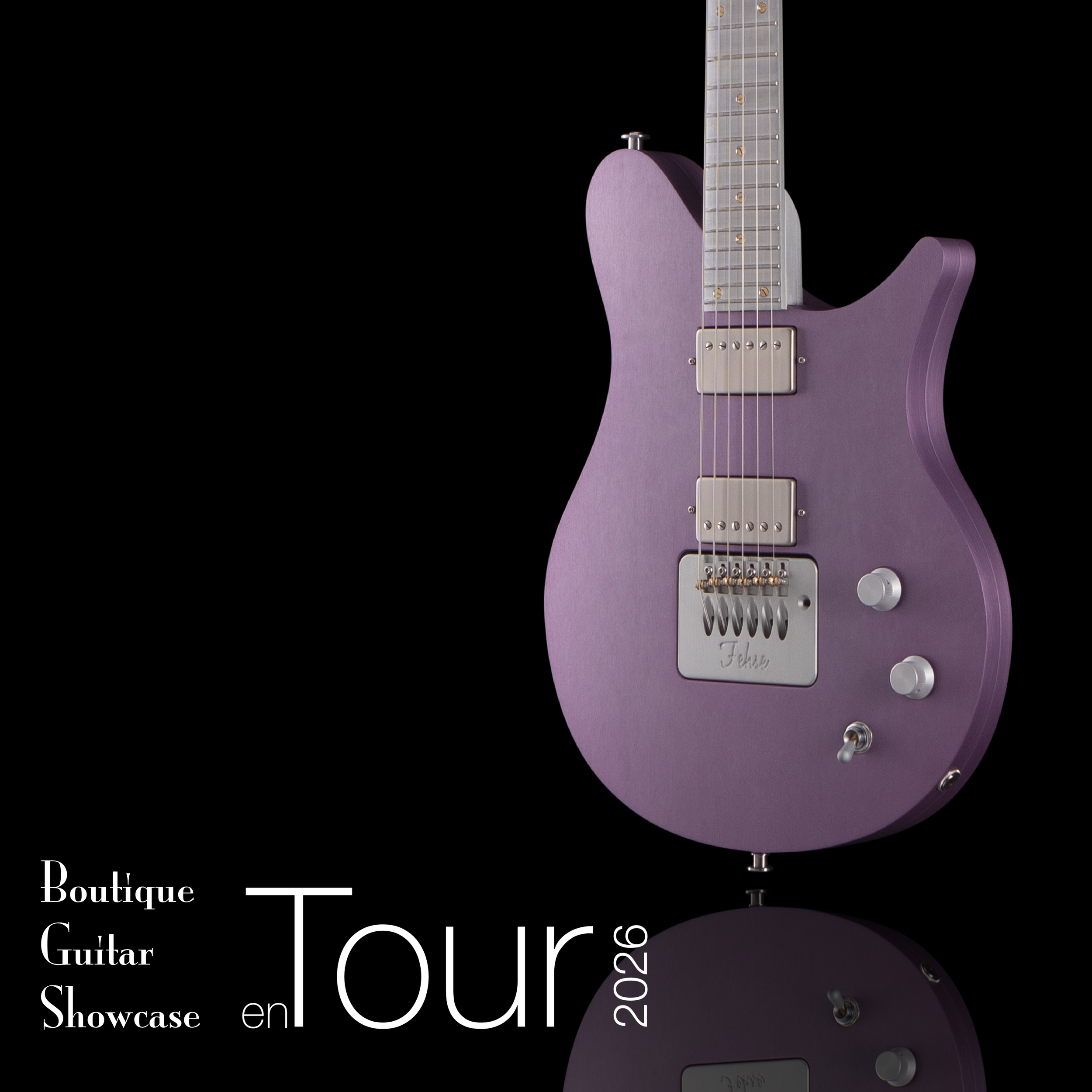 Purple electric Fehse guitar with metallic hardware on a black background.