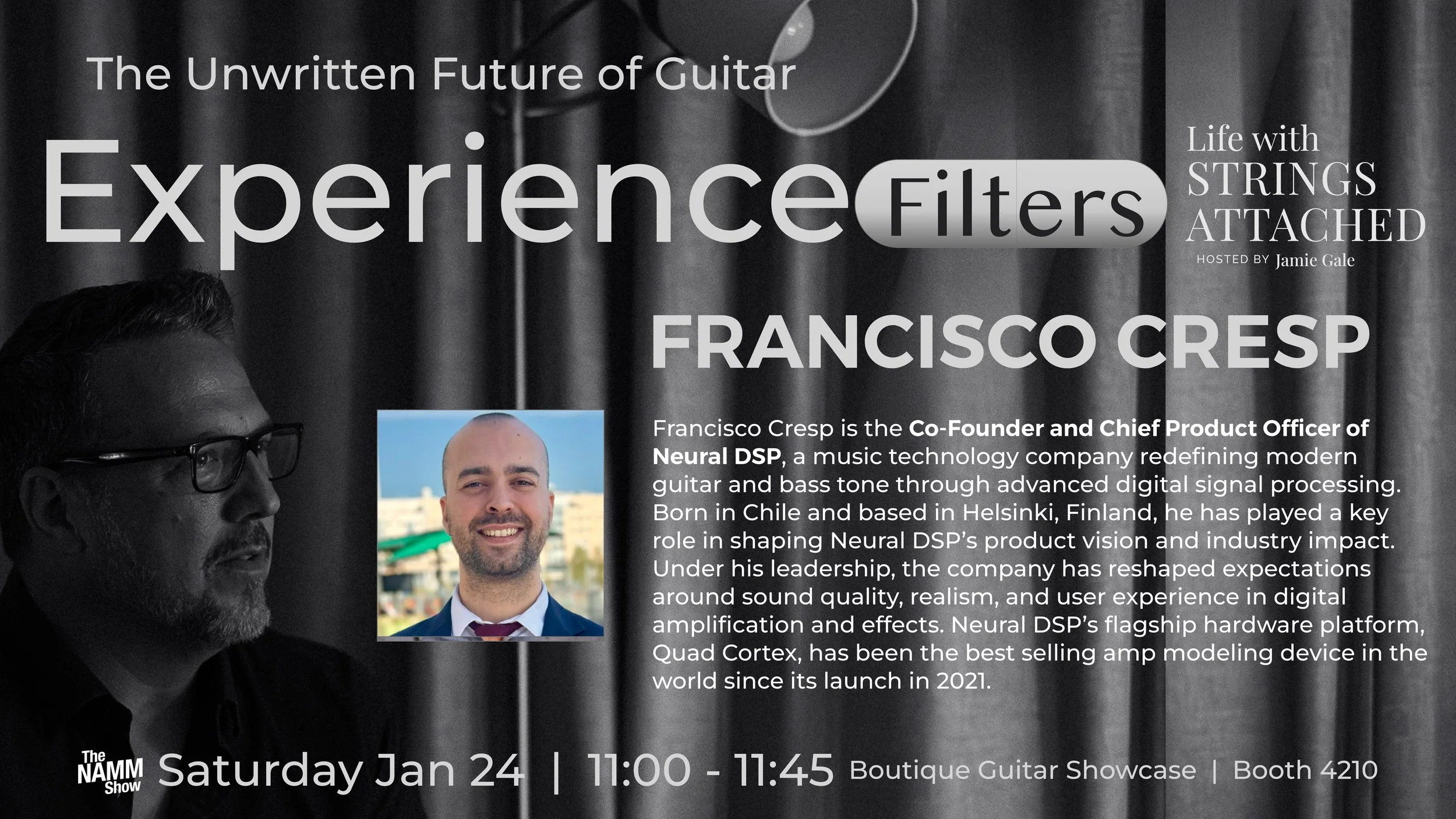 Promotional poster for a guitar tech event featuring Francisco Cresp, with a photo of him smiling and a shadowed man with glasses. The poster is titled "Experience Filters", hosted by Jamie Gale, and includes event details: Saturday, Jan 24, 11:00-11:45 at Boutique Guitar Showcase, Booth 4210, at The NAMM Show.