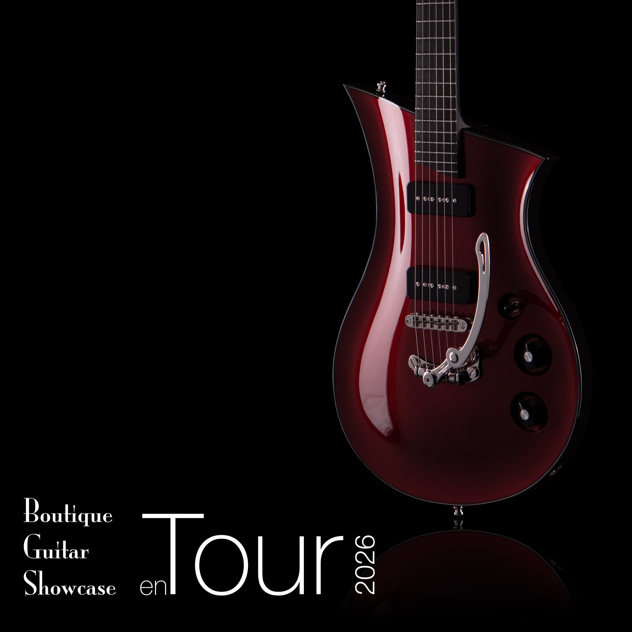 A close-up of a modern red electric Senez guitar with black accents, set against a black background with white text that reads 'Boutique Guitar Showcase en Tour 2026.'