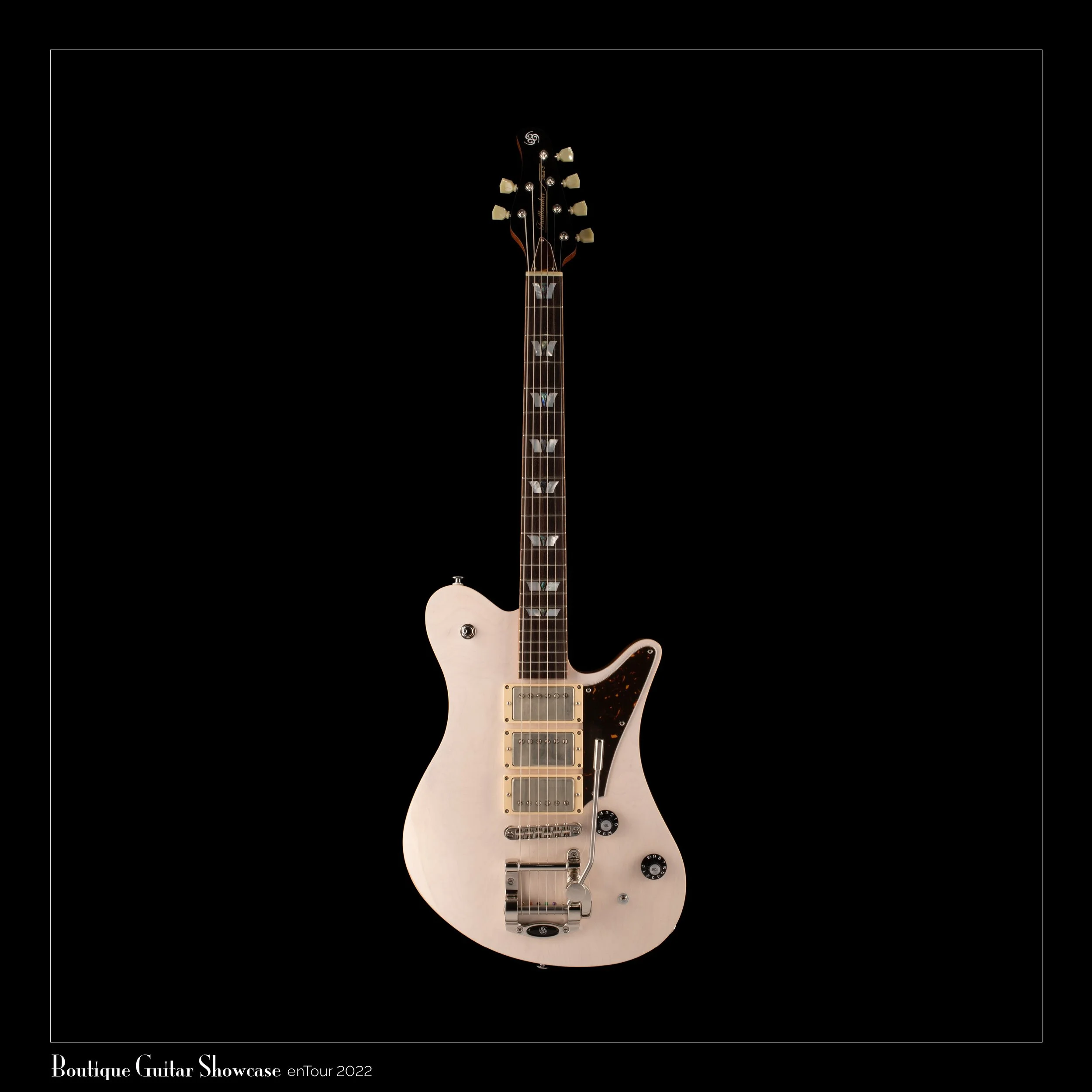 Cream-colored electric OOPEGG guitar with gold hardware and butterfly inlays, set against a black background. The guitar features a unique body shape, multiple pickups, and a whammy bar.