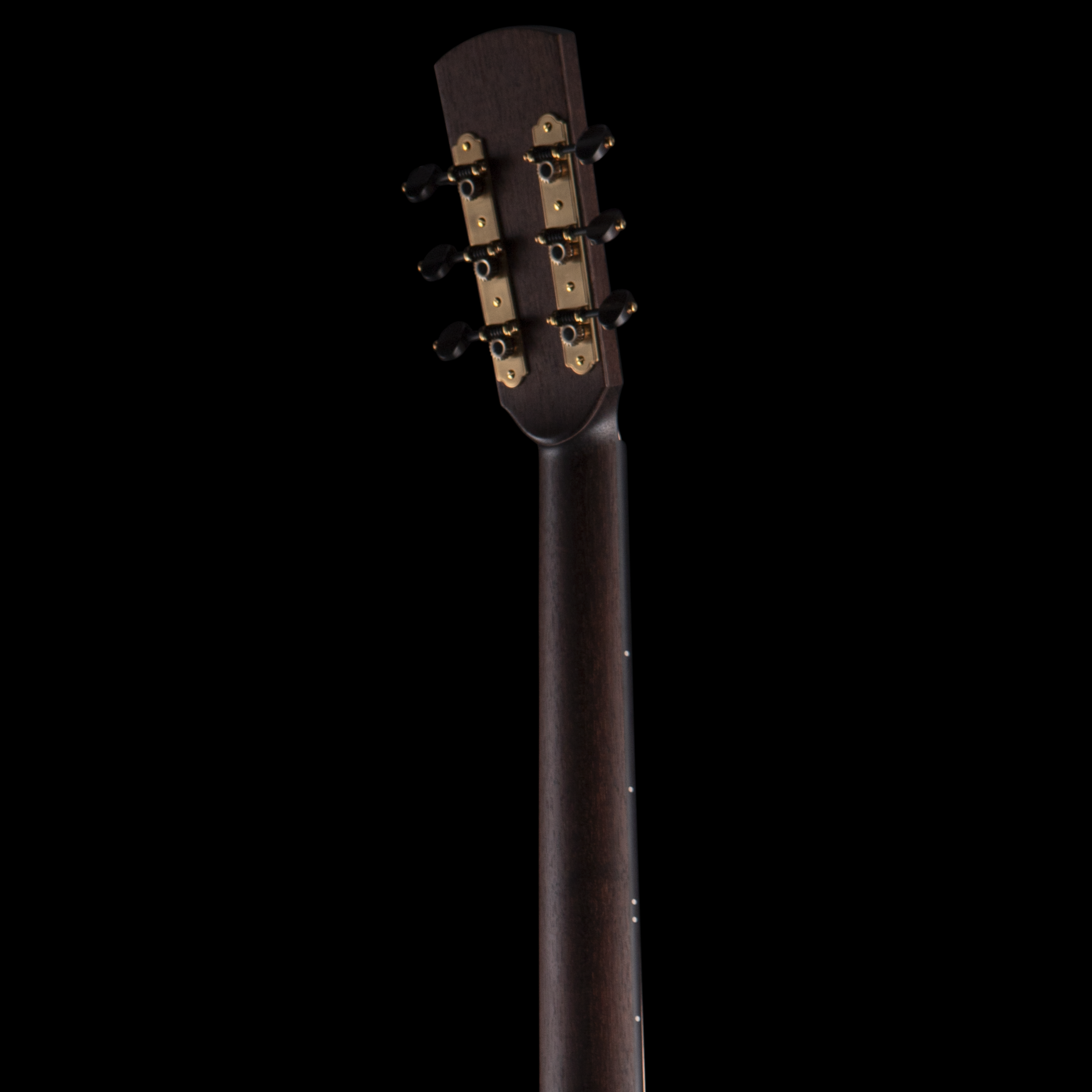 Close-up of a Dion guitar headstock with tuning pegs, viewed against a black background.