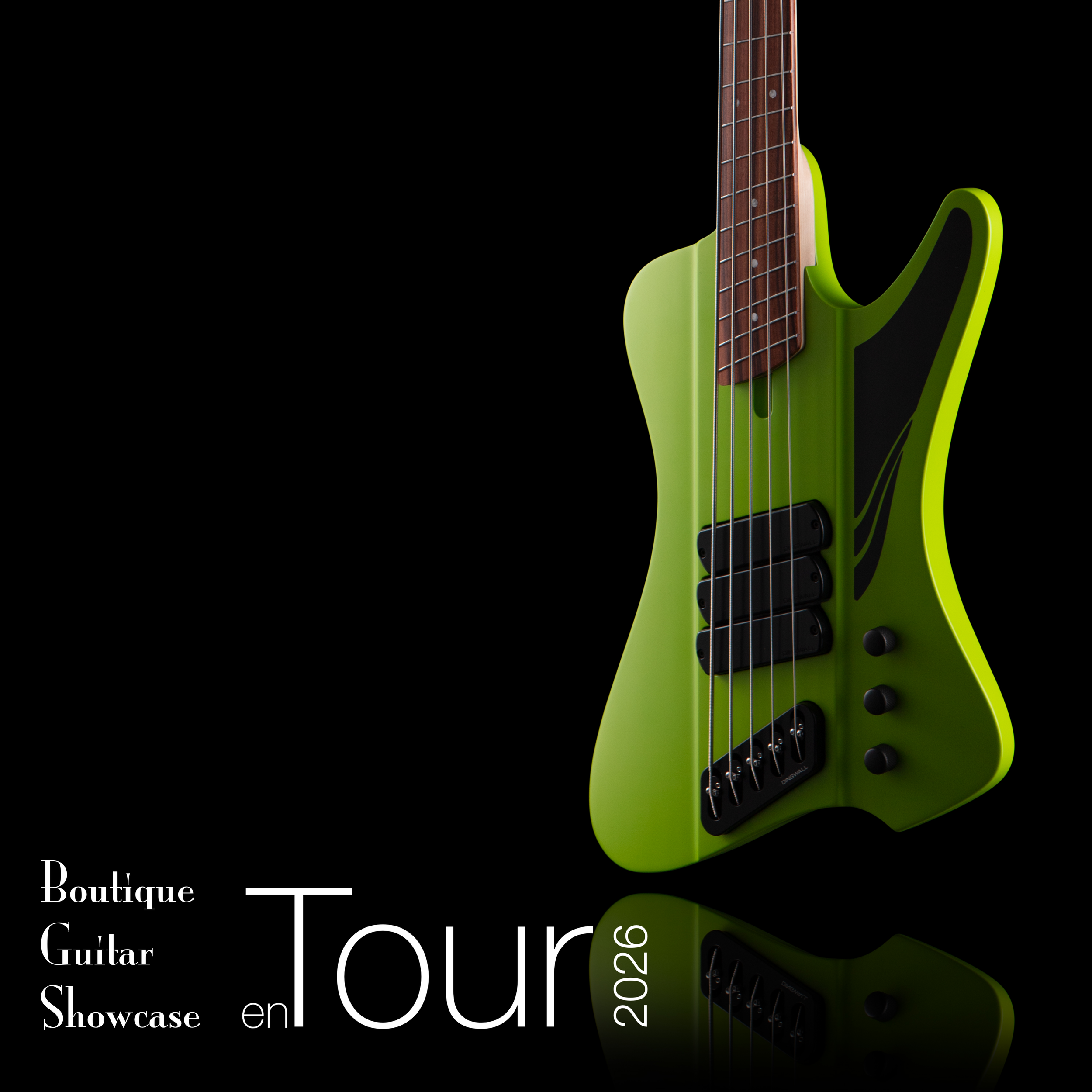 Close-up of a green electric Dingwall bass guitar with a brown fretboard and black pickups, against a black background with white text promoting a guitar showcase event.