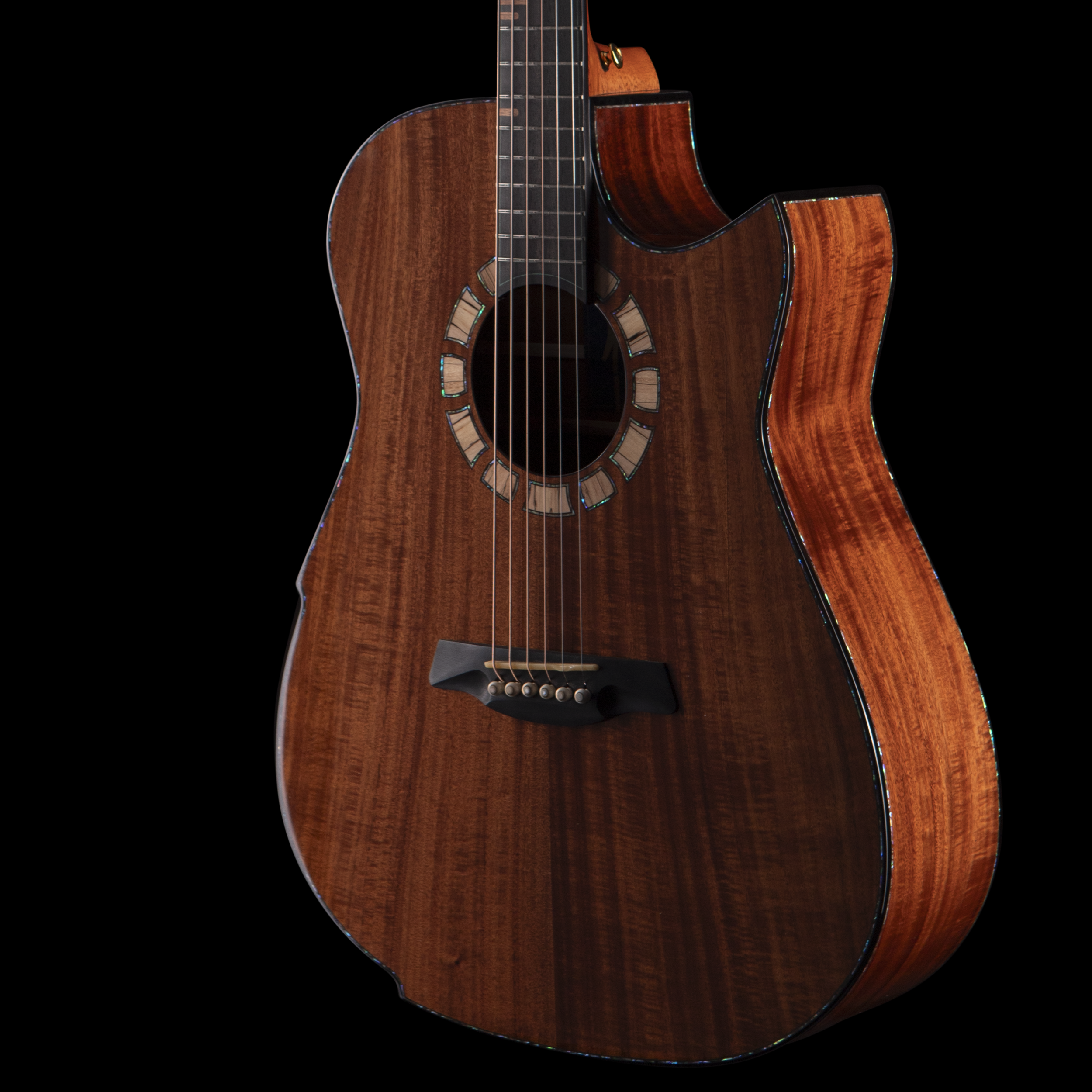 Close-up of a hozen wooden acoustic guitar with intricate inlay around the sound hole, set against a black background.