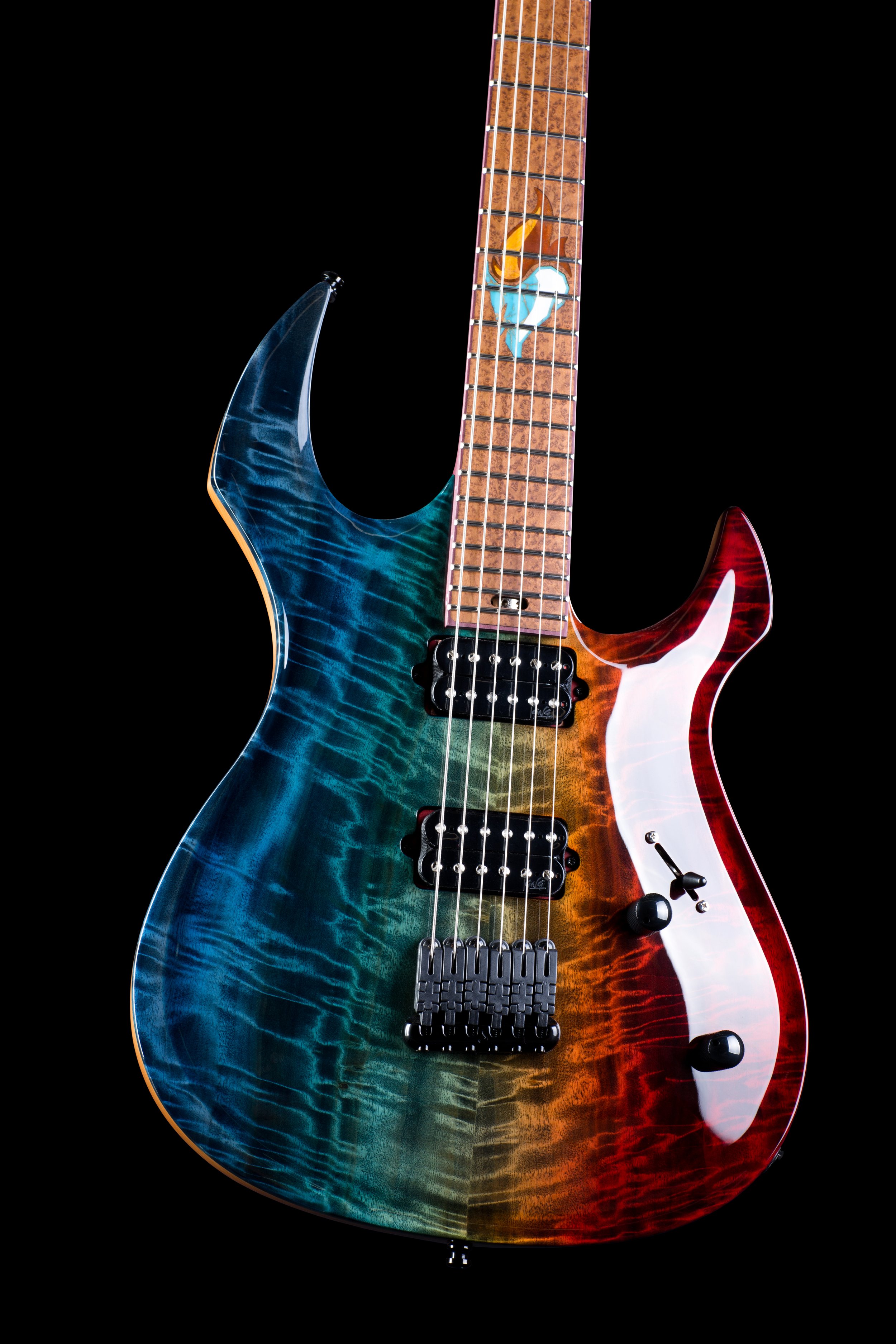 GNG - Giulio Negrini Guitar electric with a rainbow-colored flame maple top, featuring black hardware and a semi-hollow body design, against a black background.