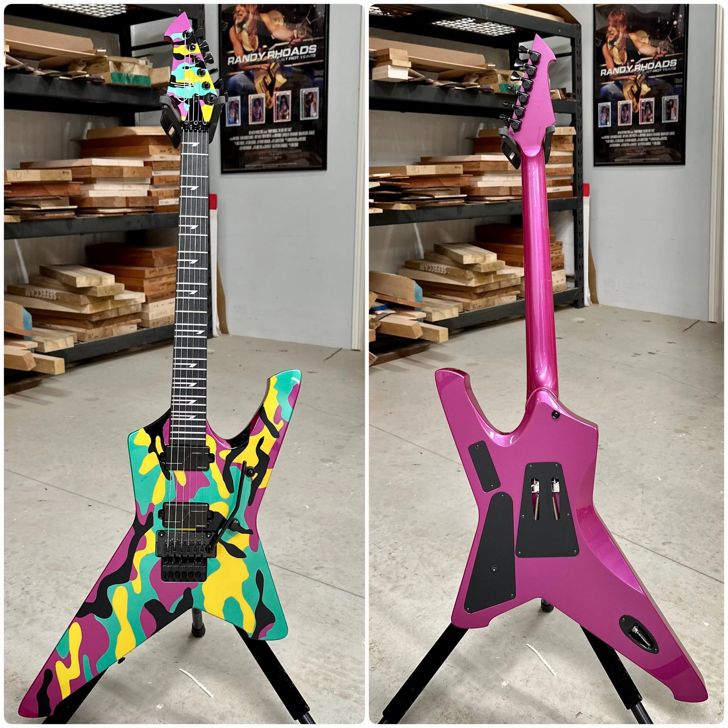 Side and front views of an electric Sully guitar with a colorful camouflage pattern and a pink finish in a workshop.