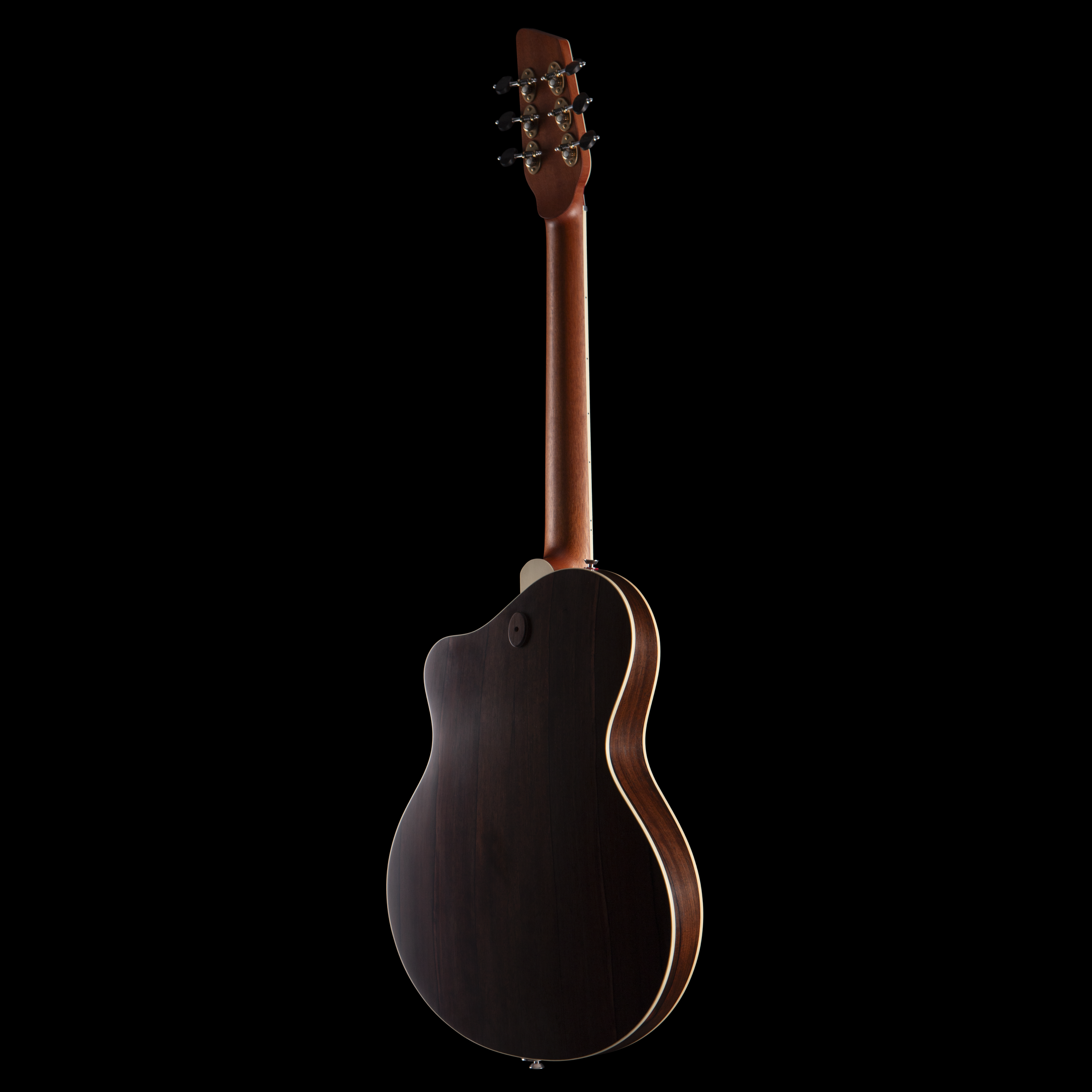 Back view of an Island Instrument acoustic guitar with a wooden neck and tuning pegs, set against a black background.