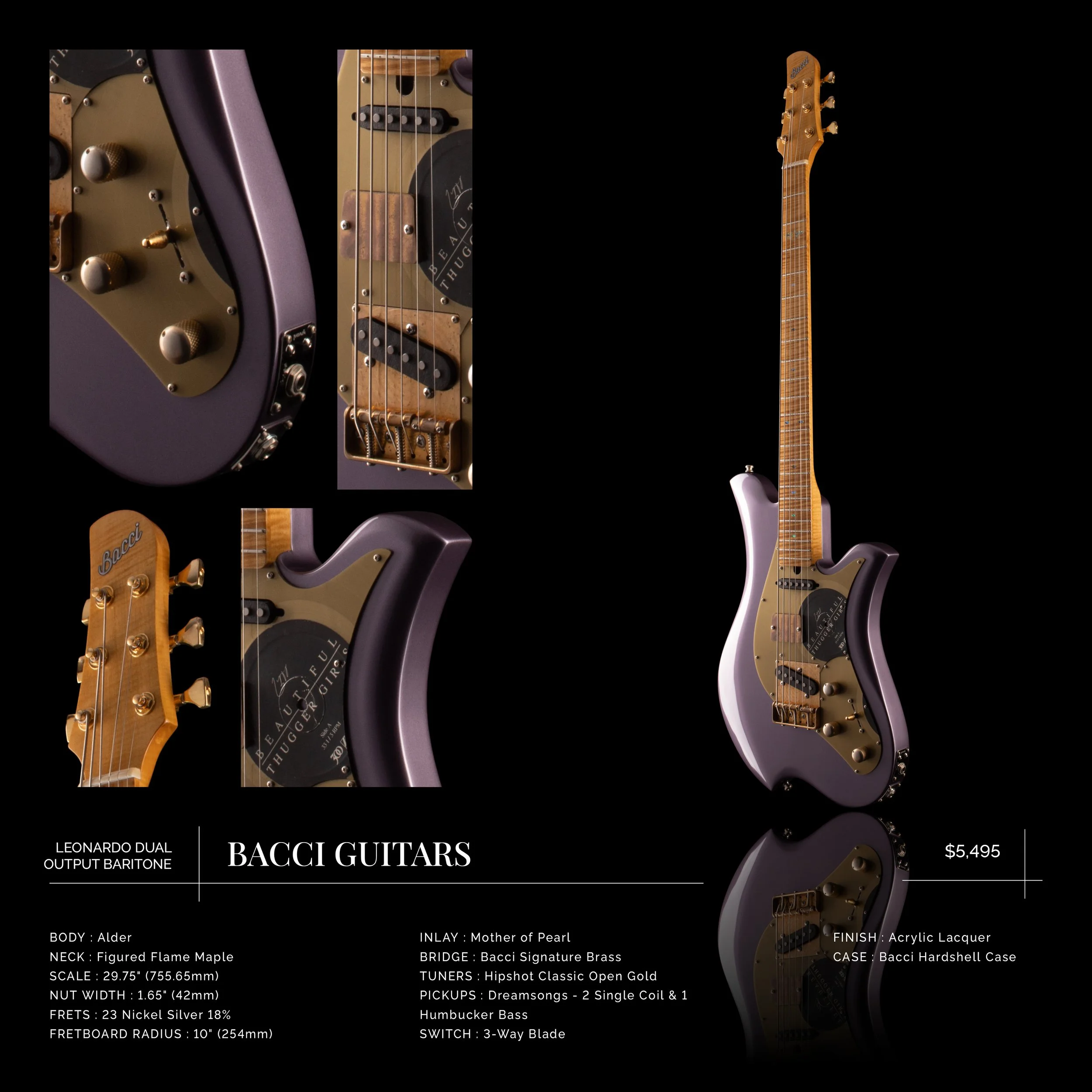 Bacci Guitars Leonardo Dual Output Baritone with specifications and images, featuring an alder body, figured flame maple neck, 29.75-inch scale, mother of pearl inlay, acrylic lacquer finish, and Dreamsongs pickups.