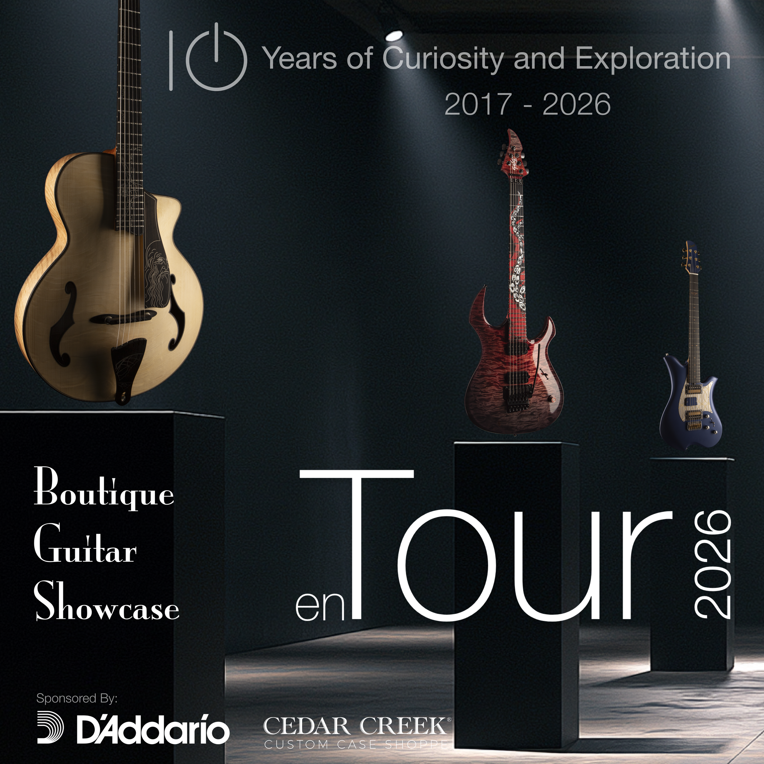 Display of various guitars on a wall with promotional text overlay, celebrating 10 years of a music showcase event from 2017 to 2026, sponsored by D'Addario and Cedar Creek, with a dark background and spotlighting.