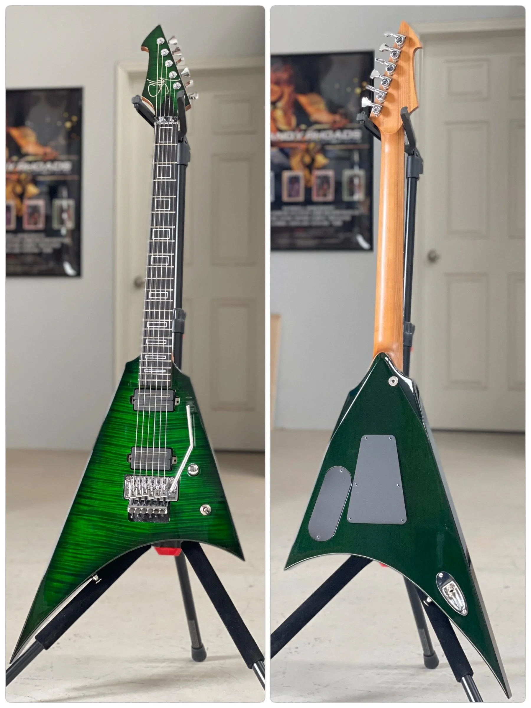 Electric Sully guitar with a green, burst finish, shown from the front and back, on a stand in a room with a closed door and a poster on the wall.