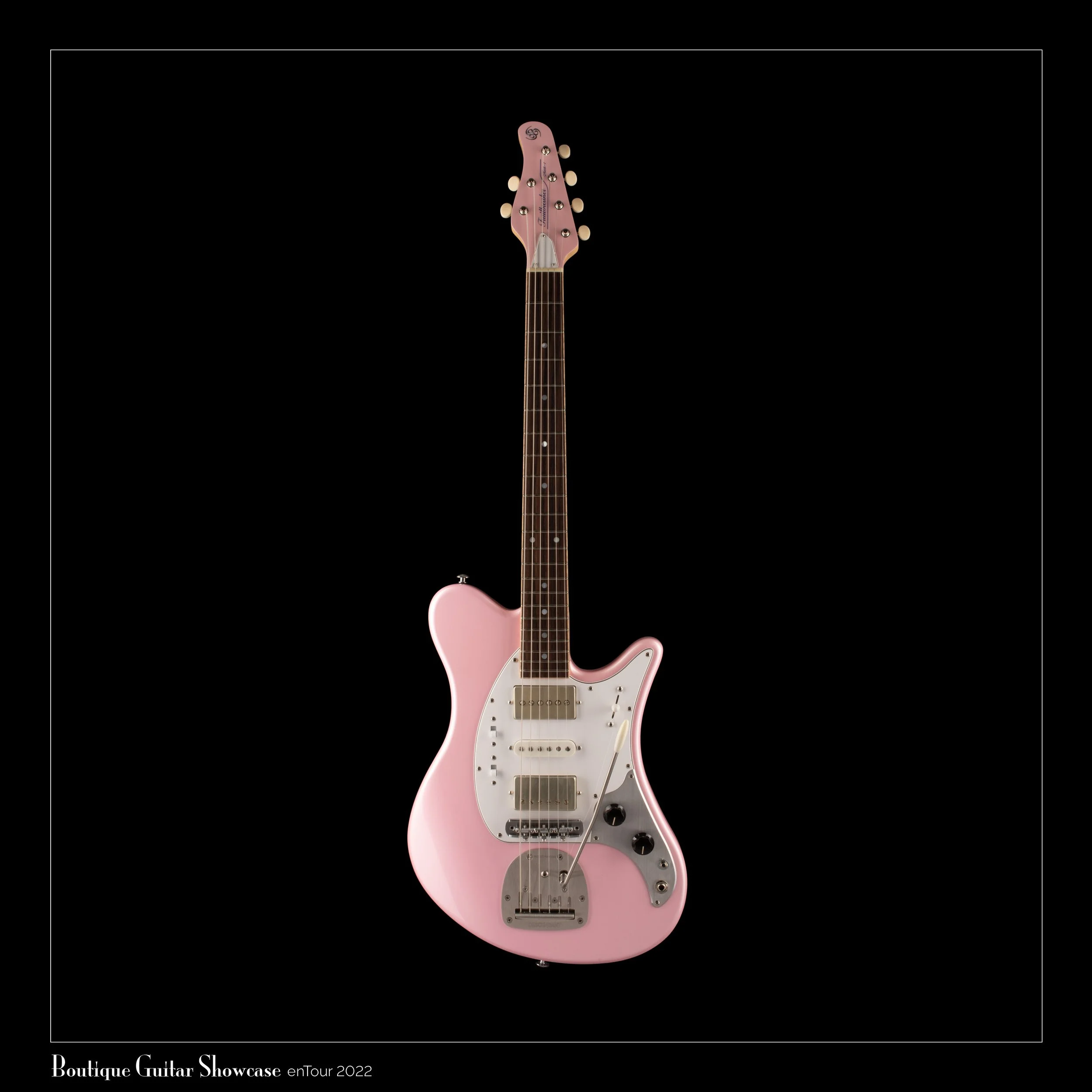 Pink electric OOPEGG guitar with white and silver hardware on a black background.