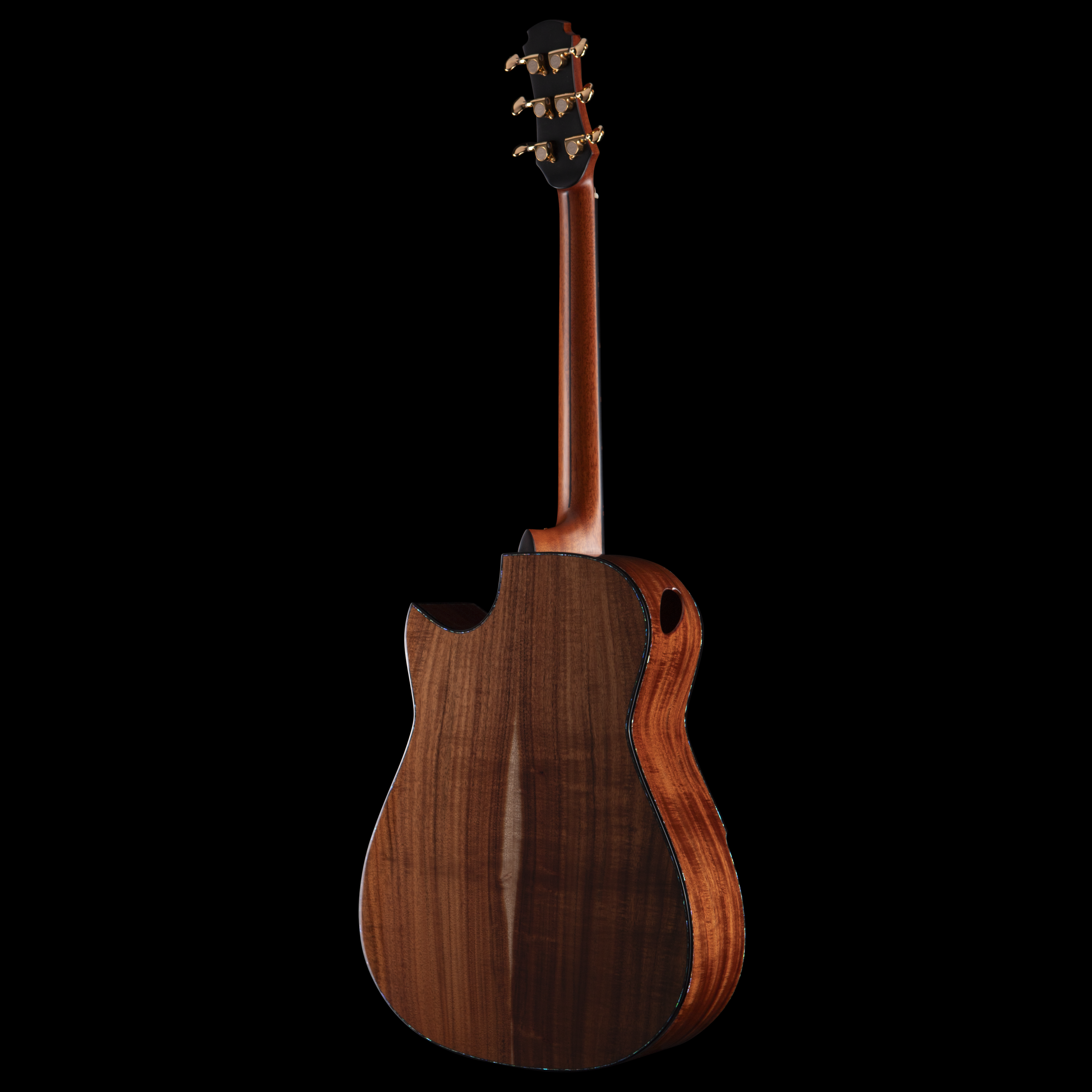 A wooden acoustic hozen guitar standing upright against a black background.