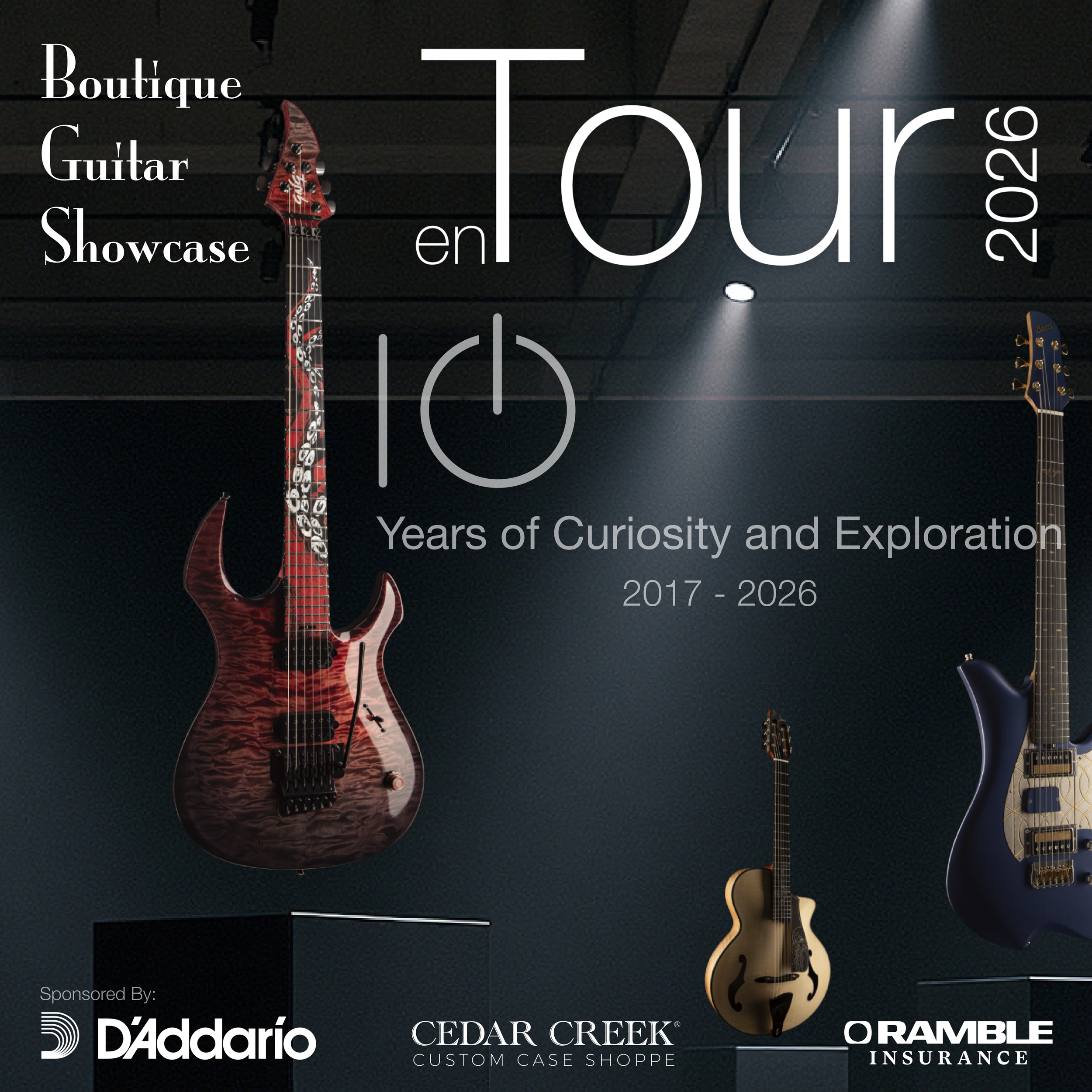 Display of three electric and acoustic guitars at an exhibition, with text promoting a guitar showcase titled 'enTour 2026' from 2017 to 2026, sponsored by D’Addario and Cedar Creek.