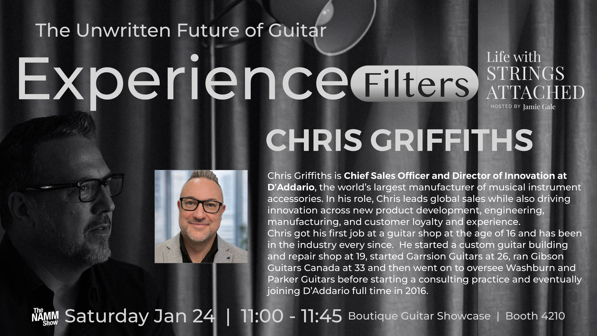 Promotional event poster for the NAMM Show featuring Chris Griffiths, highlighting his role as Chief Sales Officer at D'Addario, with his photograph, event date Saturday, January 24, from 11:00 to 11:45 at Boutique Guitar Showcase, Booth 4210. The poster has black and gray background with white text and a small inset photo of Chris Griffiths.