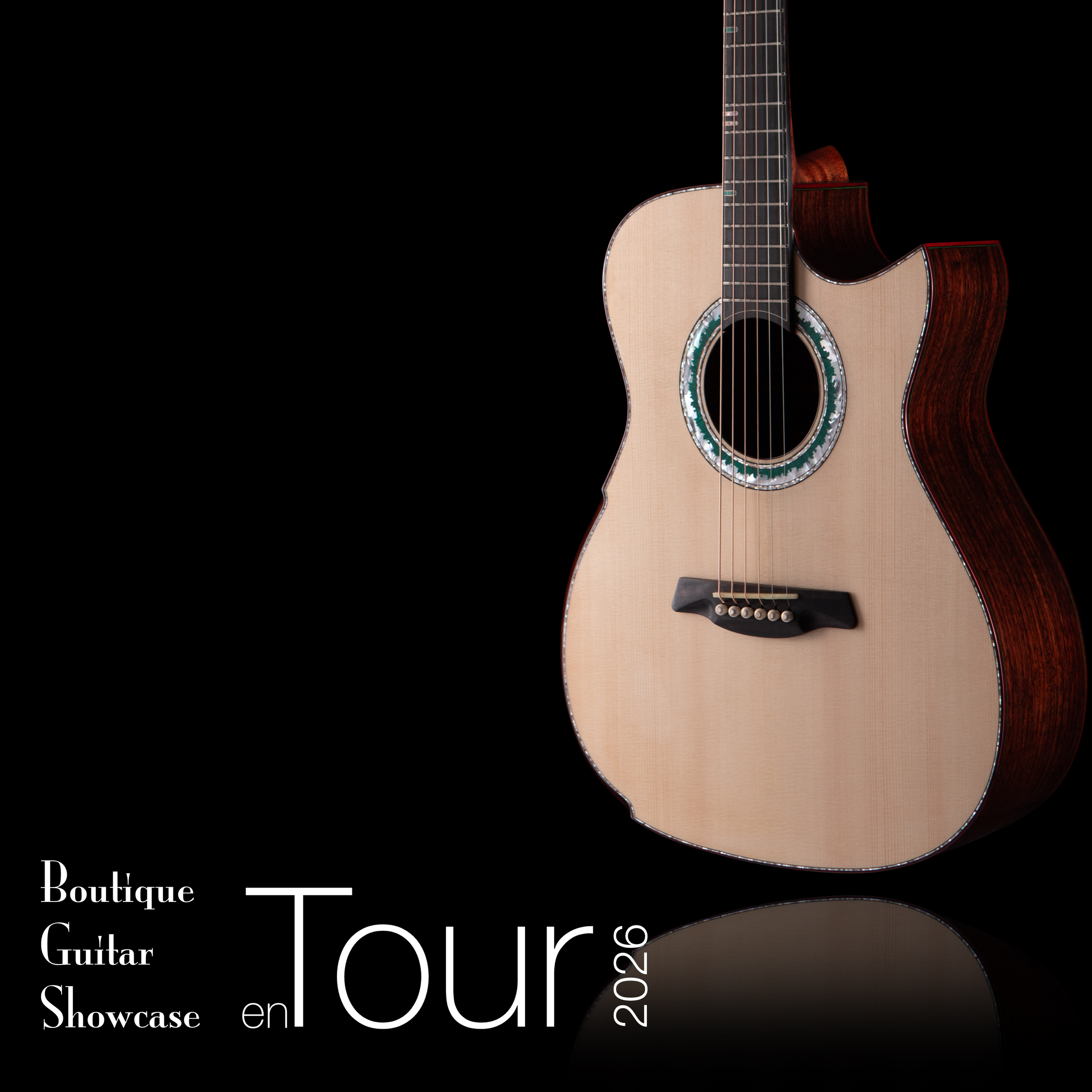 Close-up of an acoustic Hozen guitar with a black background, part of a graphic design poster for a guitar showcase event with the title 'Tour' and the date '2026'.