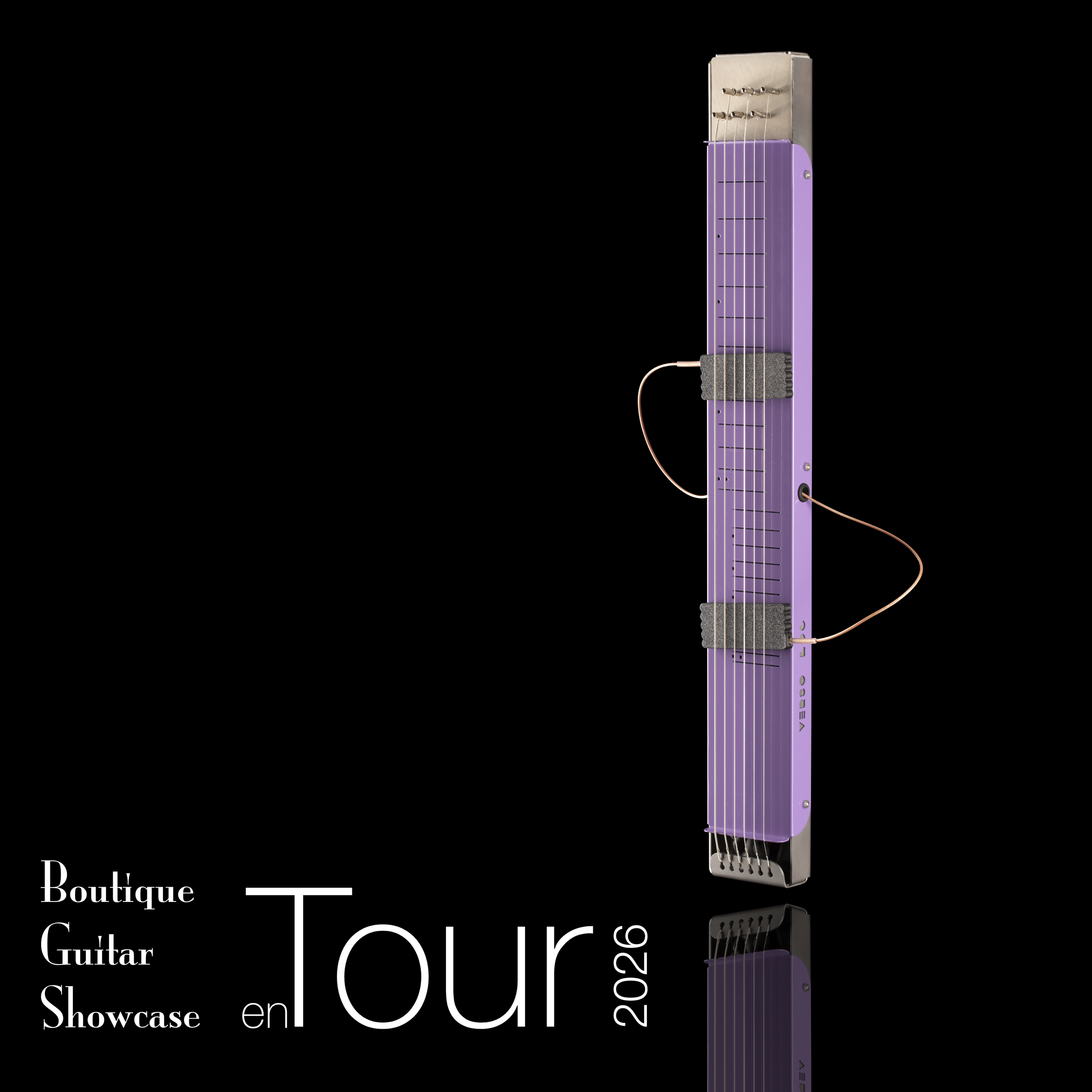 A purple electric Verso lap steel guitar with a vertical body design and metal tuning pegs, plugged into an amplifier on a black background.