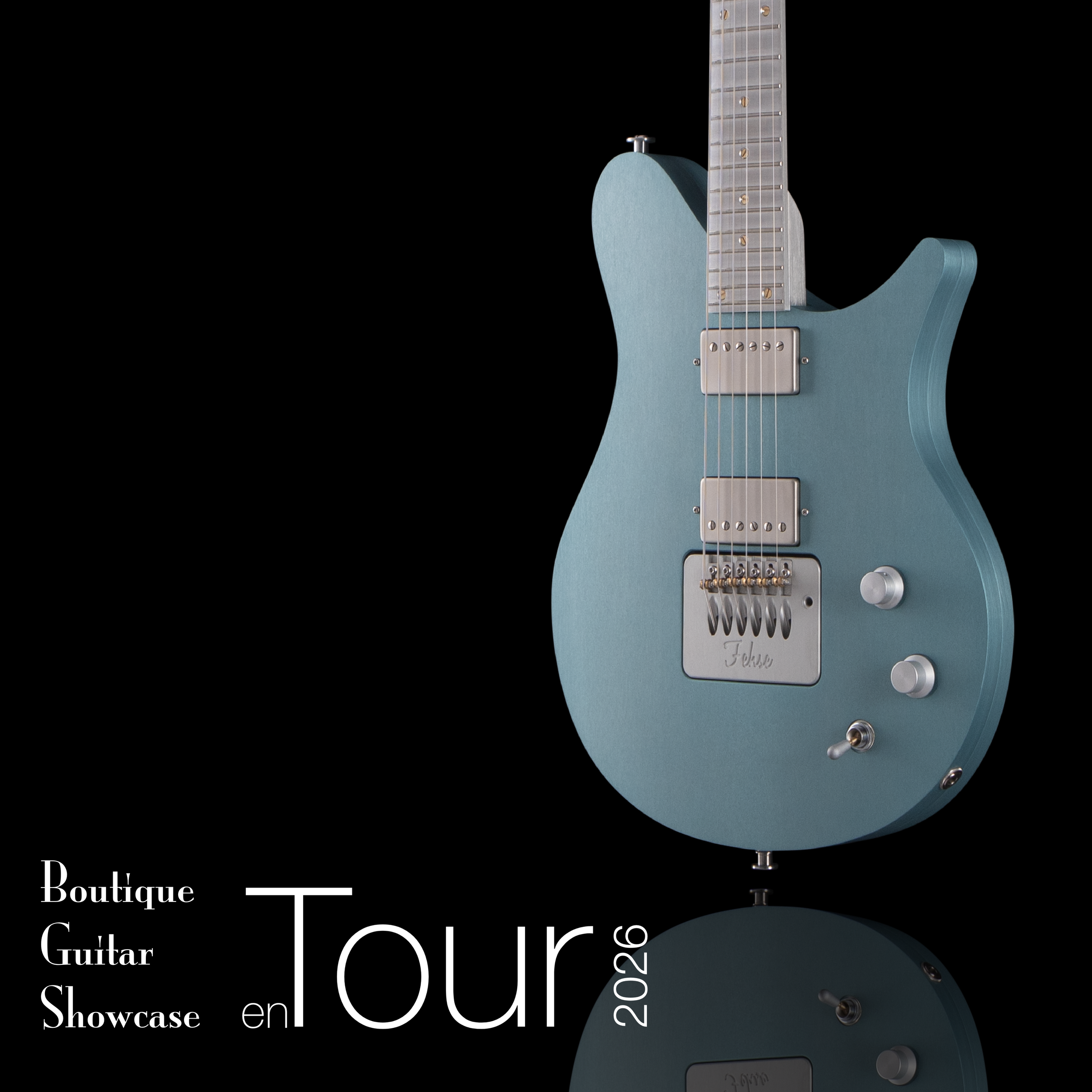 A close-up of a light blue electric Fehse guitar with a dark background and text overlay related to guitar showcases and tours.