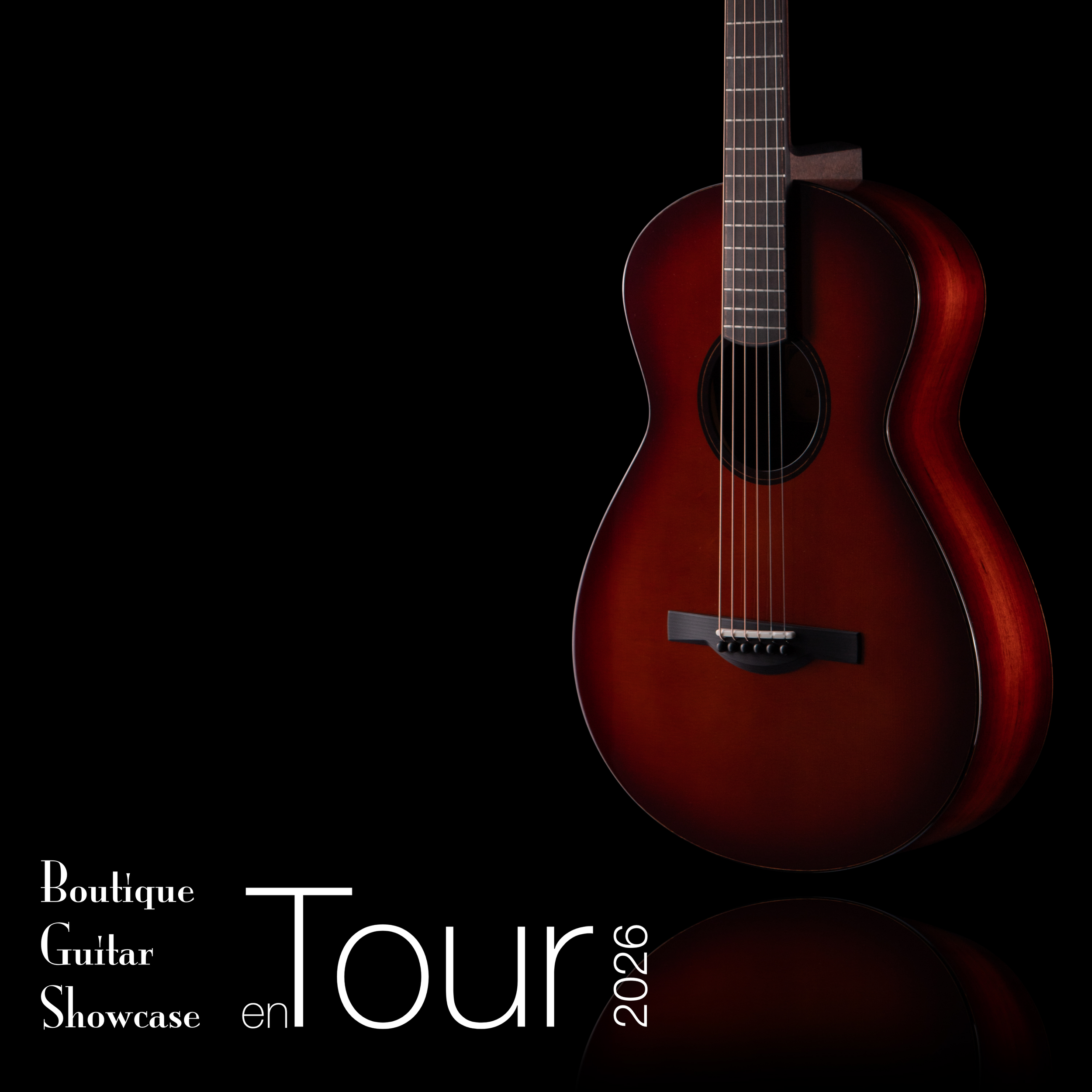Close-up of a red-brown acoustic Dion guitar against a black background, with partial text overlay reading 'Boutique Guitar Showcase en Tour 2022'