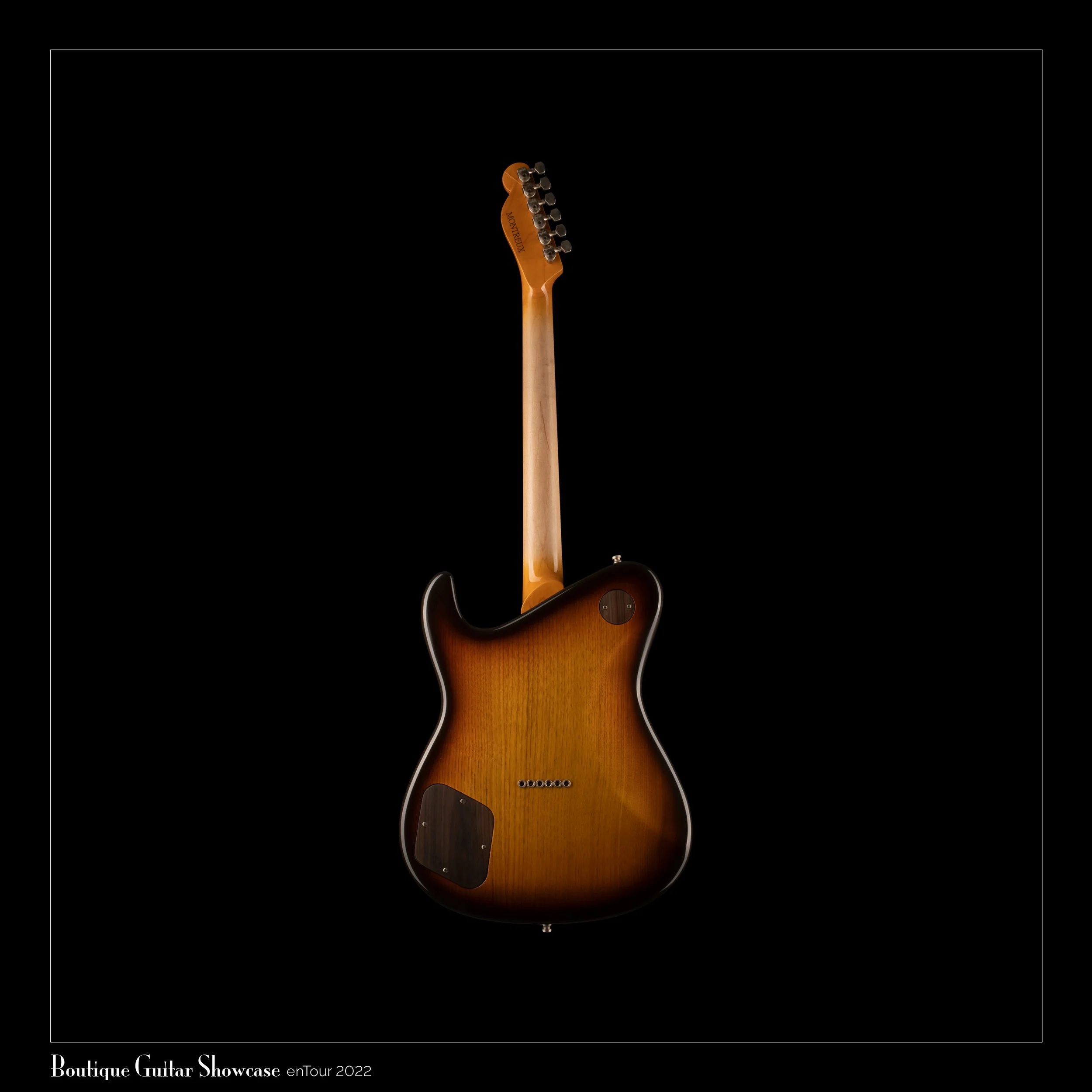 Back view of a sunburst Tausch electric guitar with a single cutaway, black pickguard, and wooden neck, displayed against a black background.