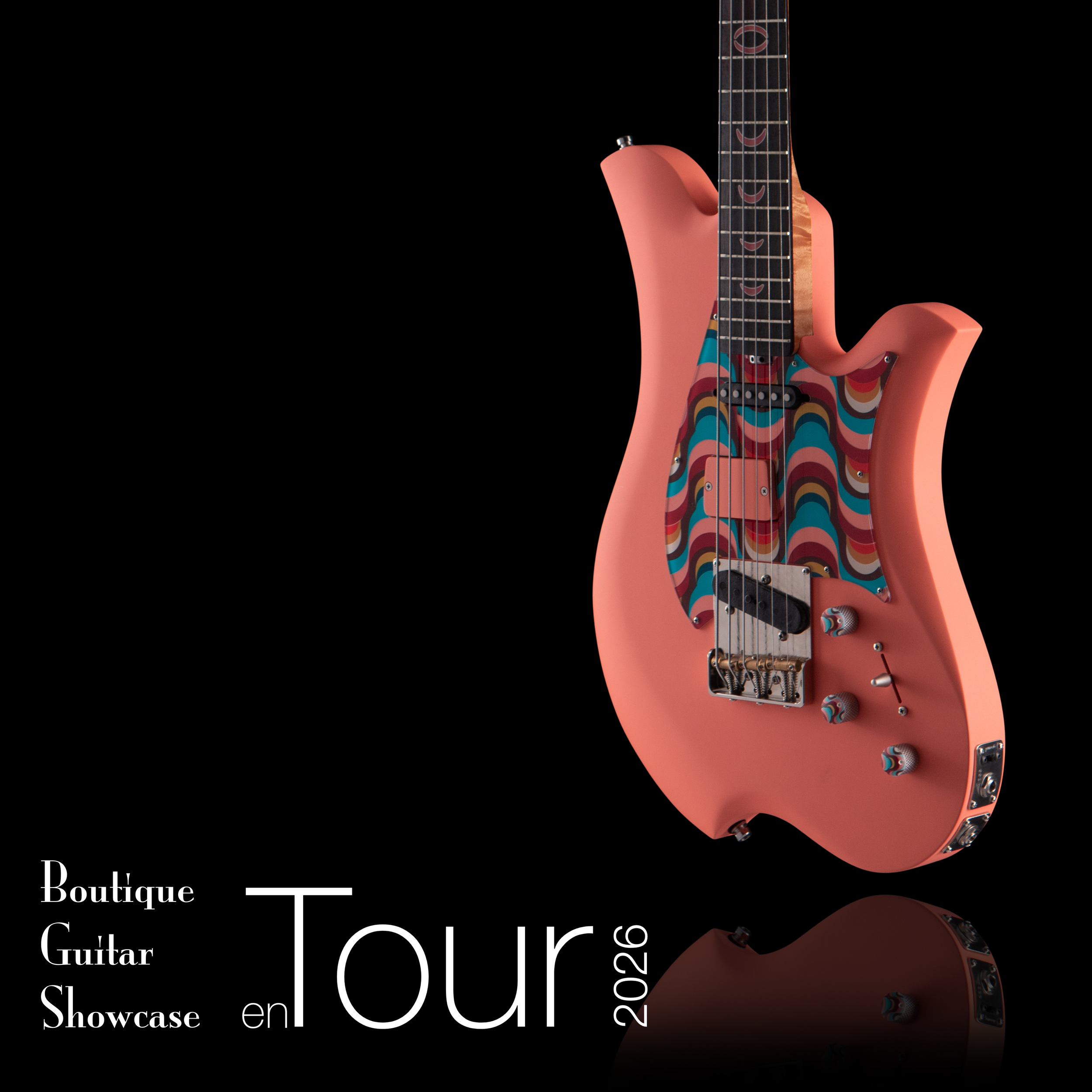 Close-up of a pink electric Bacci baritone guitar with colorful designs, set against a black background with white text overlay.
