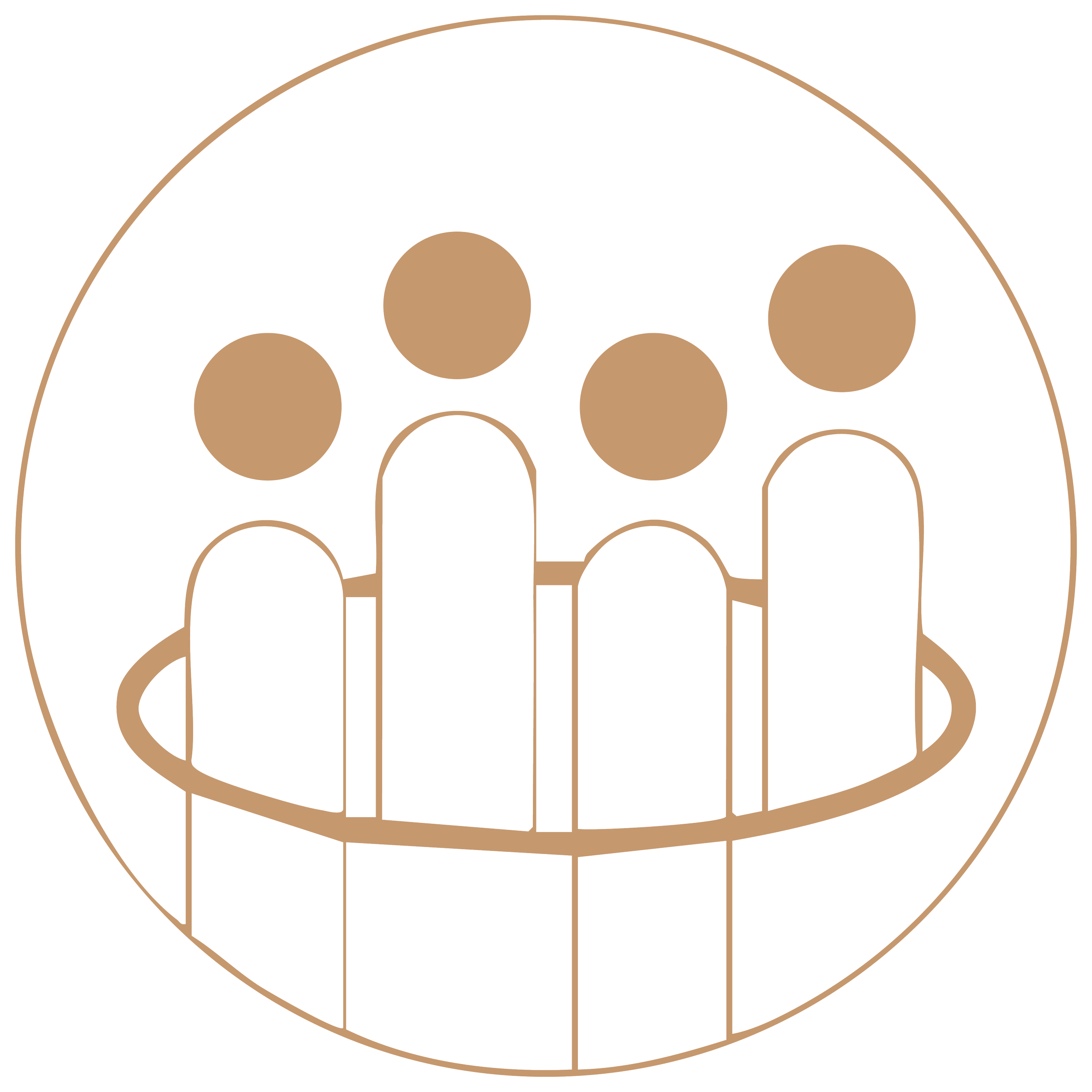 Icon of five people standing in a circle, outlined in brown on a black background