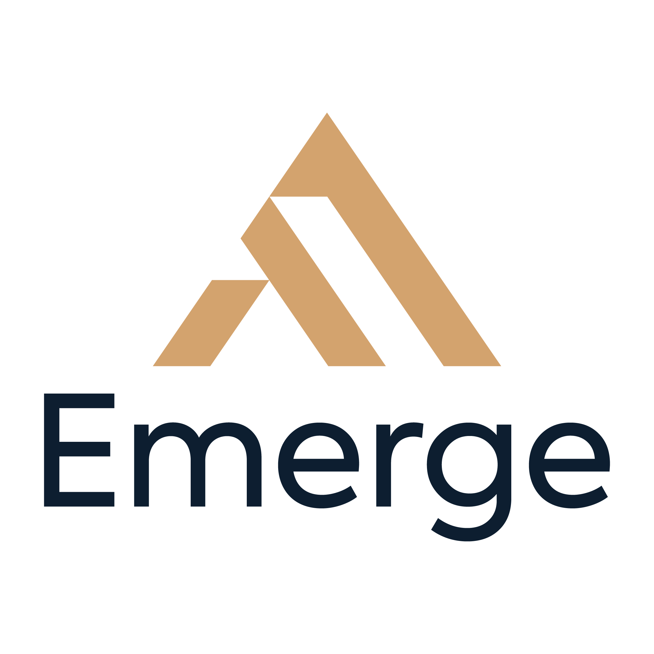 Logo with stylized mountain peaks in tan and black above the word 'Emerge' in dark blue.
