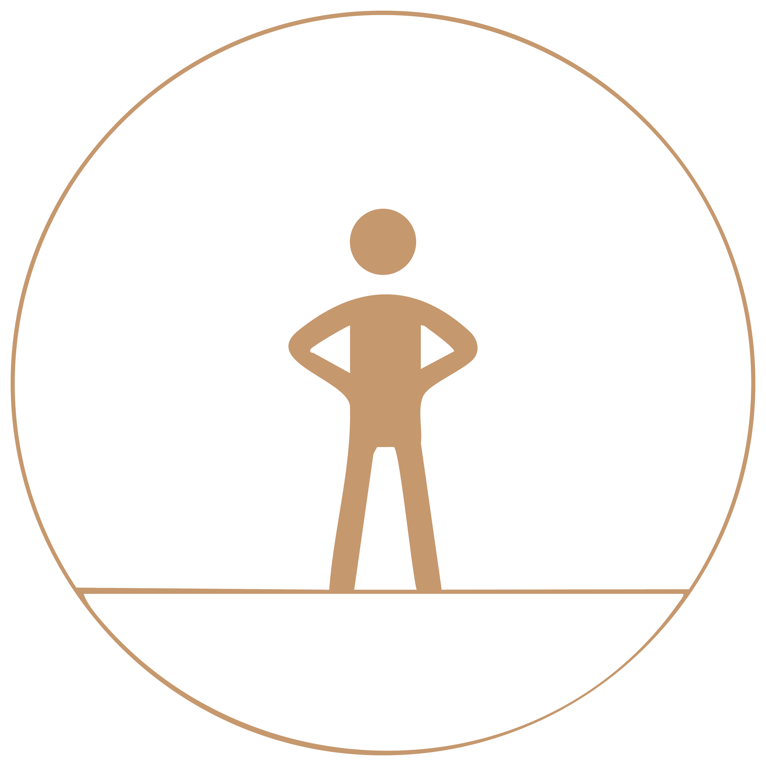 Silhouette of a person standing with hands on hips inside a circle, on a surface line, in a minimalistic line art style.