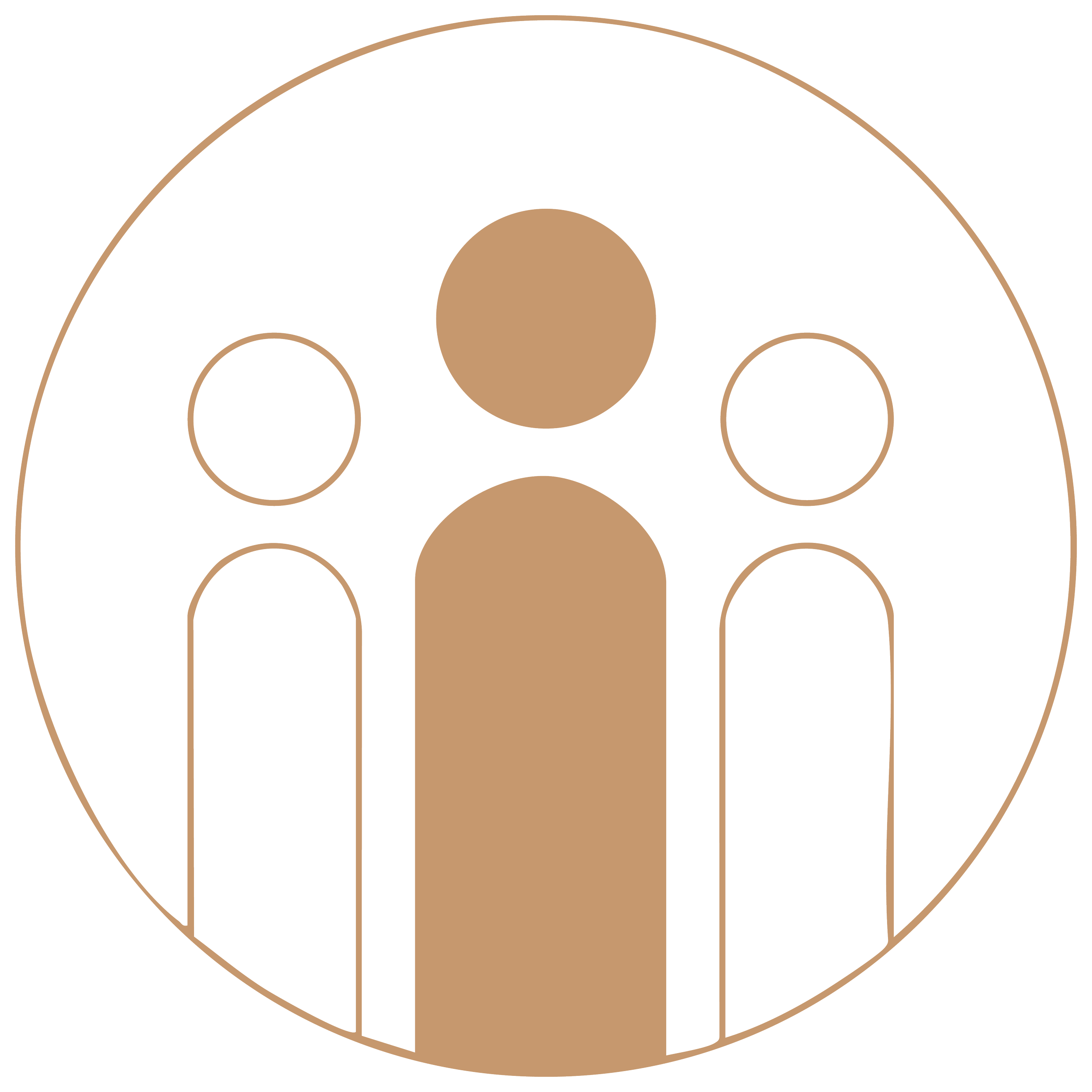 Icon of three abstract human figures in a circular design, with the central figure taller and two smaller figures on each side, all in beige and black outlines.