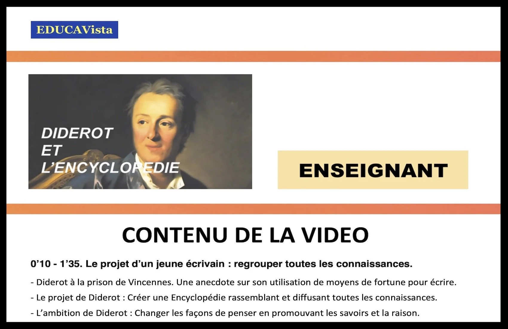Diapositive éducative sur Diderot et l'Encyclopédie, avec texte sur le contenu d'une vidéo explicative et mention du rôle d'enseignant.