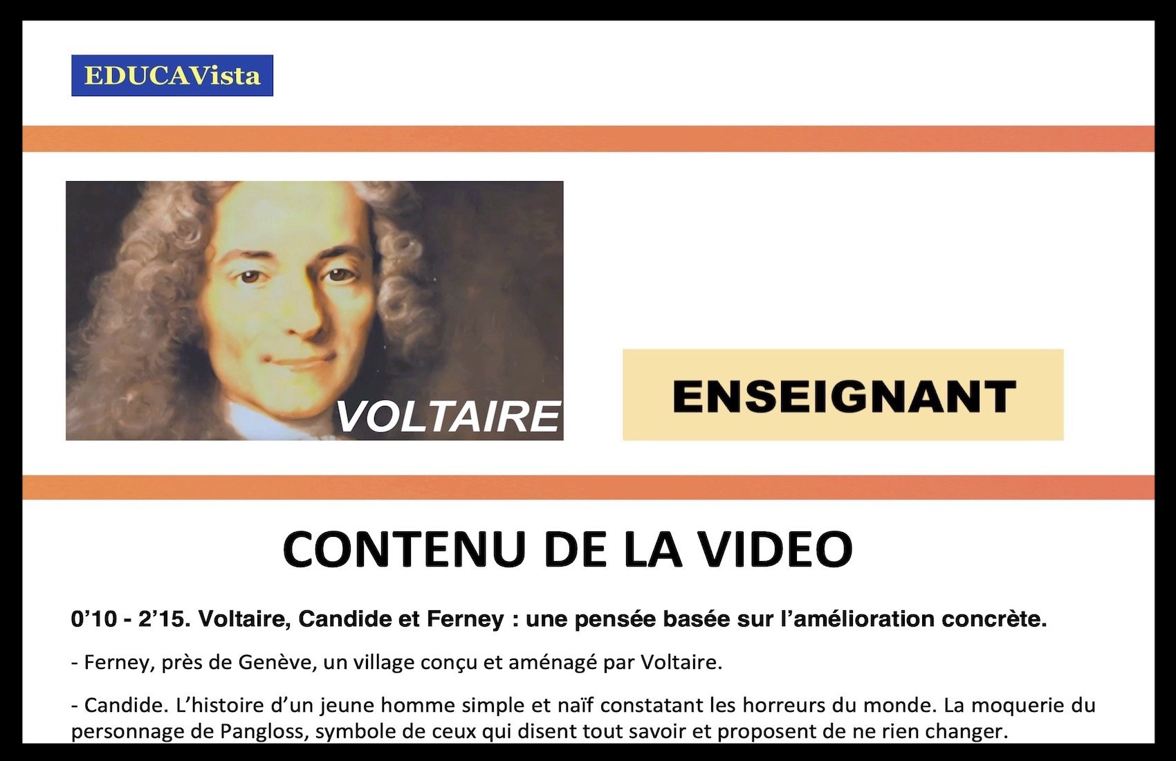 Portrait de Voltaire avec du texte sur la pensée et l'œuvre de Voltaire, y compris Ferney et Candide, sous un titre "Contenu de la vidéo".
