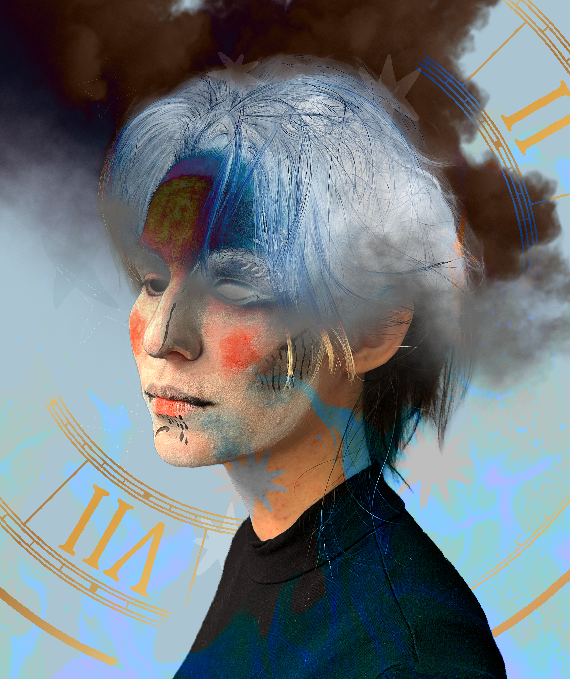 A creative response to our reading, “The Invention of Hugo Cabret.” Drawn to the face of the automaton Hugo so lovingly humanizes. I thought I’d perhaps try to embody it with crackled porcelain skin, ruddy roses for cheeks, and a touch of pale blue t