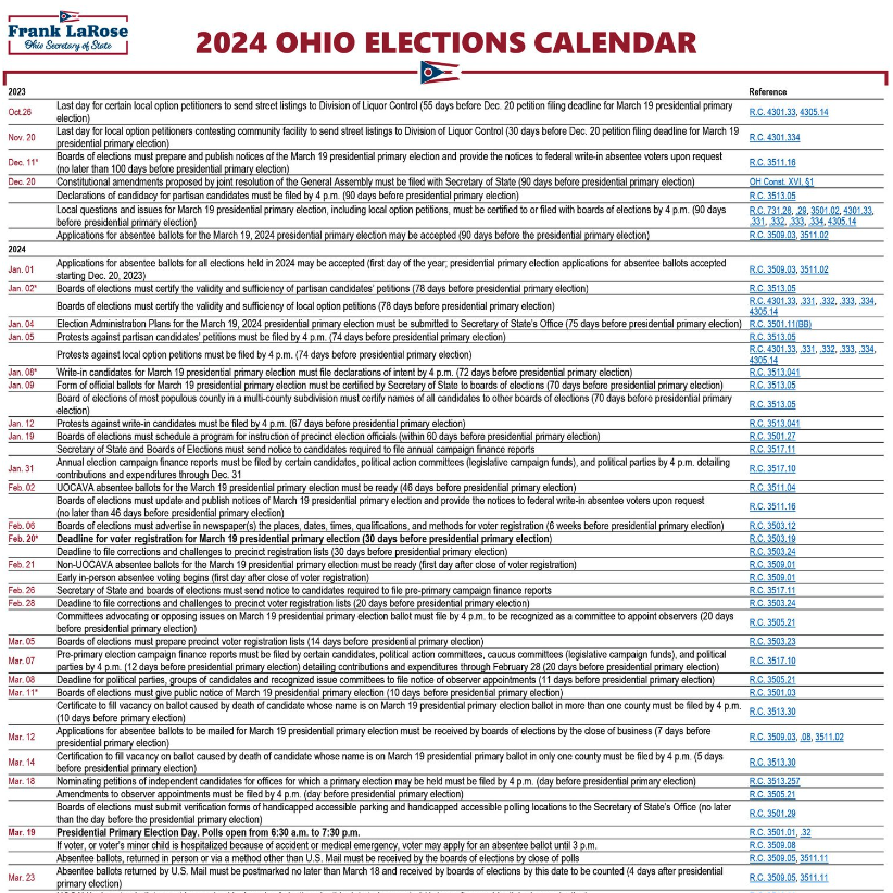 2024 Ohio Election Calendar