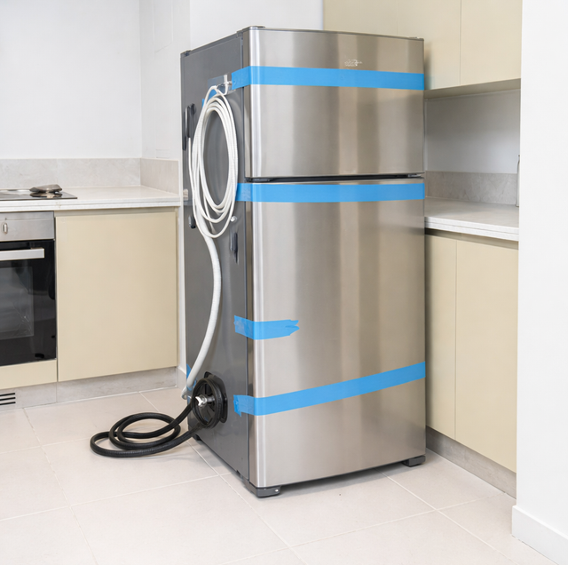 movers securing refrigerator door with moving straps