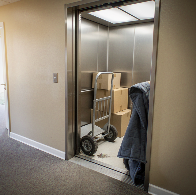 Movers loading boxes into freight elevator in high rise