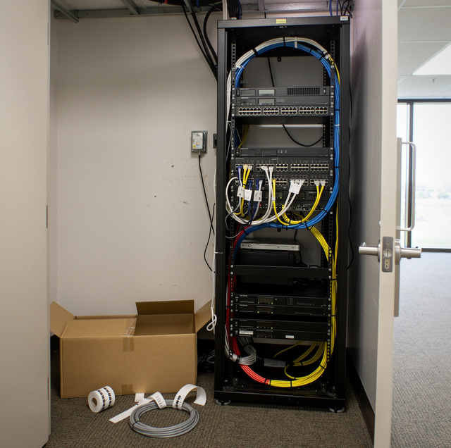 Office desks and packed boxes during corporate relocation