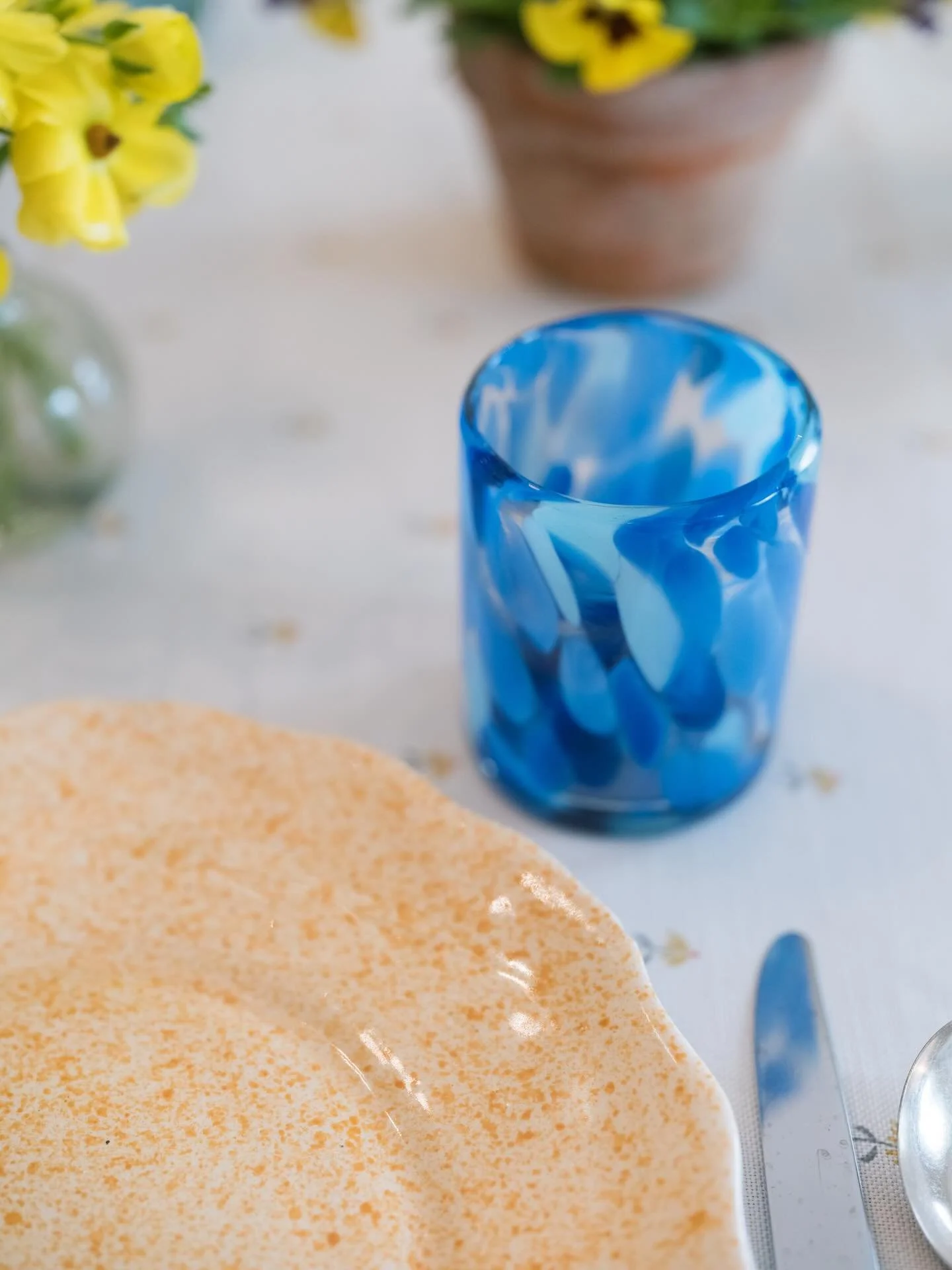Introducing our encapsulated marble glassware.⁠
⁠
A layer of color is suspended within clear glass, creating added depth and a more defined, dimensional look.⁠
⁠
Available now in blue &amp; white.⁠
⁠
#eands #glassware
