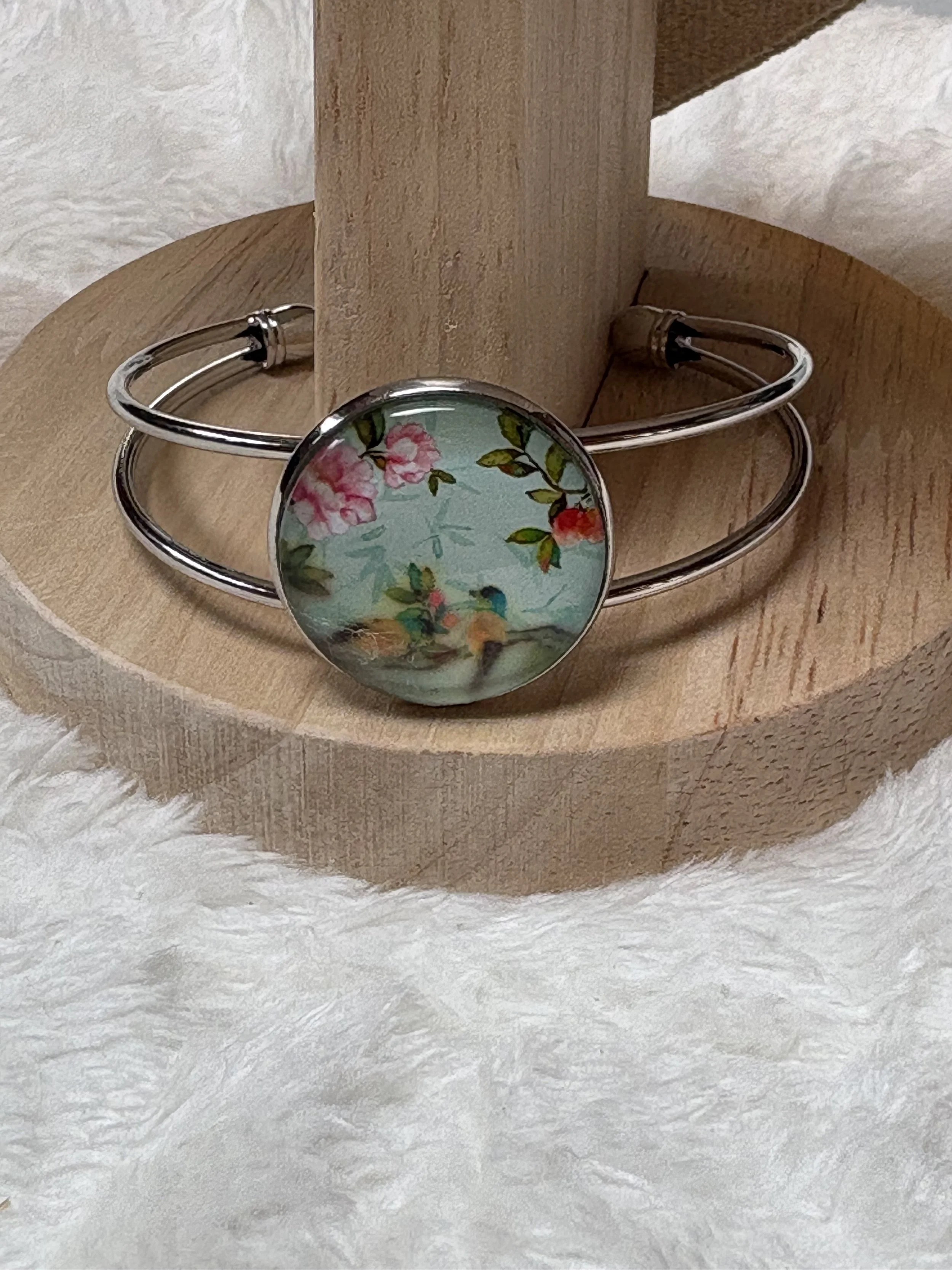Enchanting Floral & Bird Cabochon Bracelet