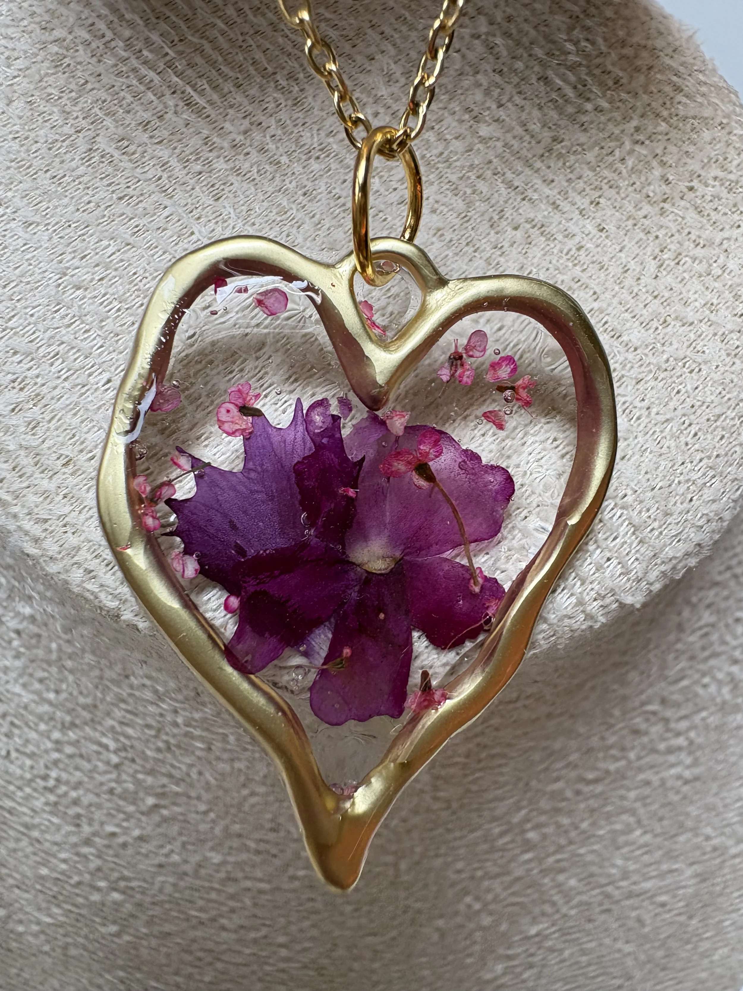 Pressed Purple Flower Heart Pendant with Gold Chain