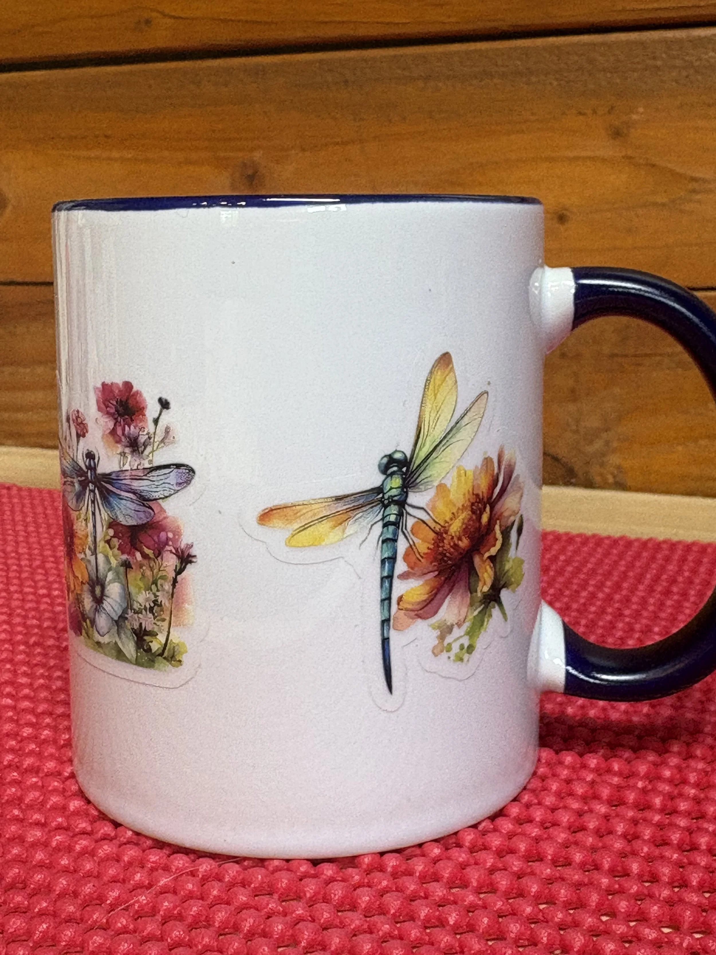 Floral Dragonfly Ceramic Mug with Navy Handle