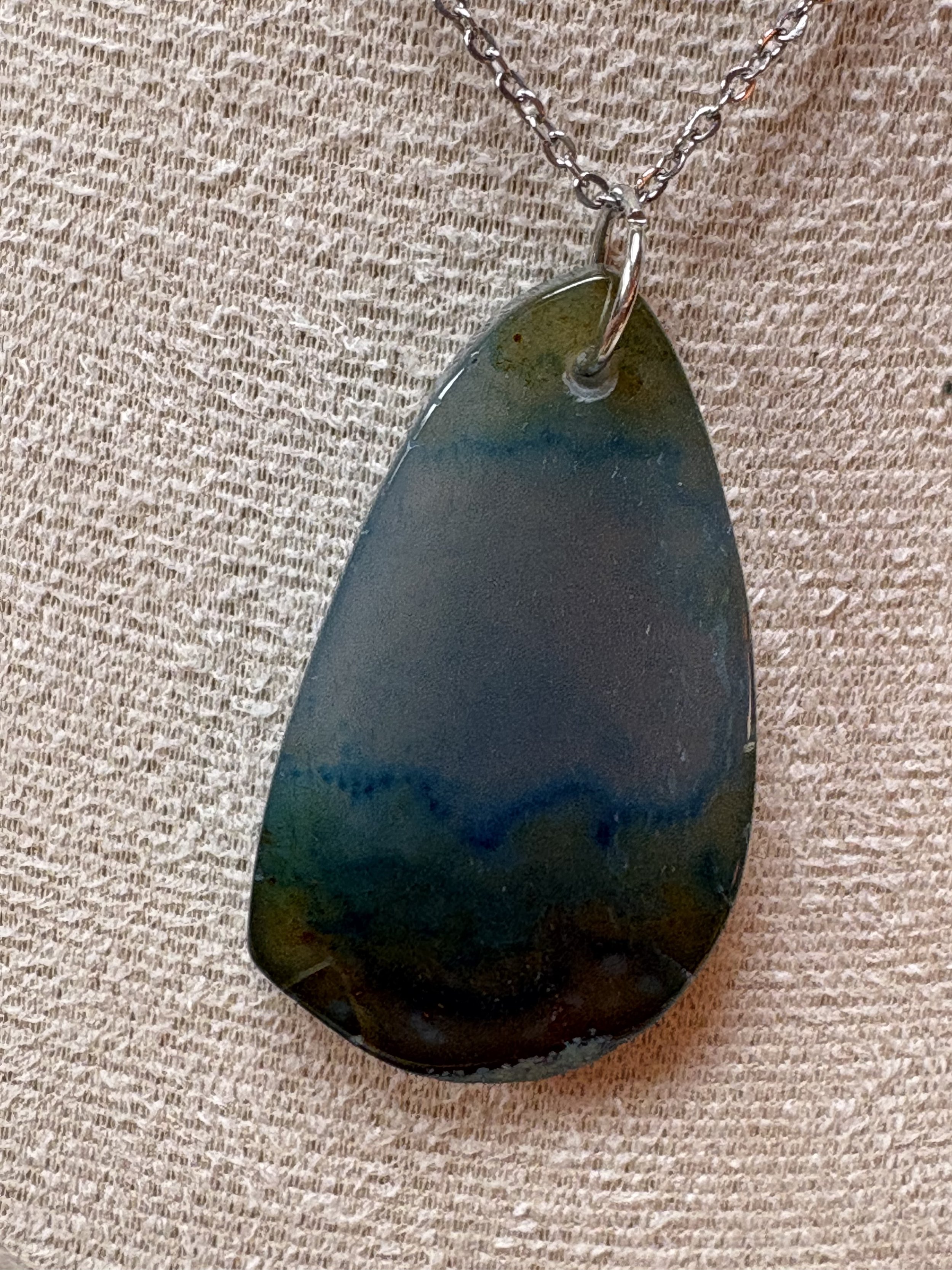 Blue and Green Teardrop Agate Necklace with Silver Chain