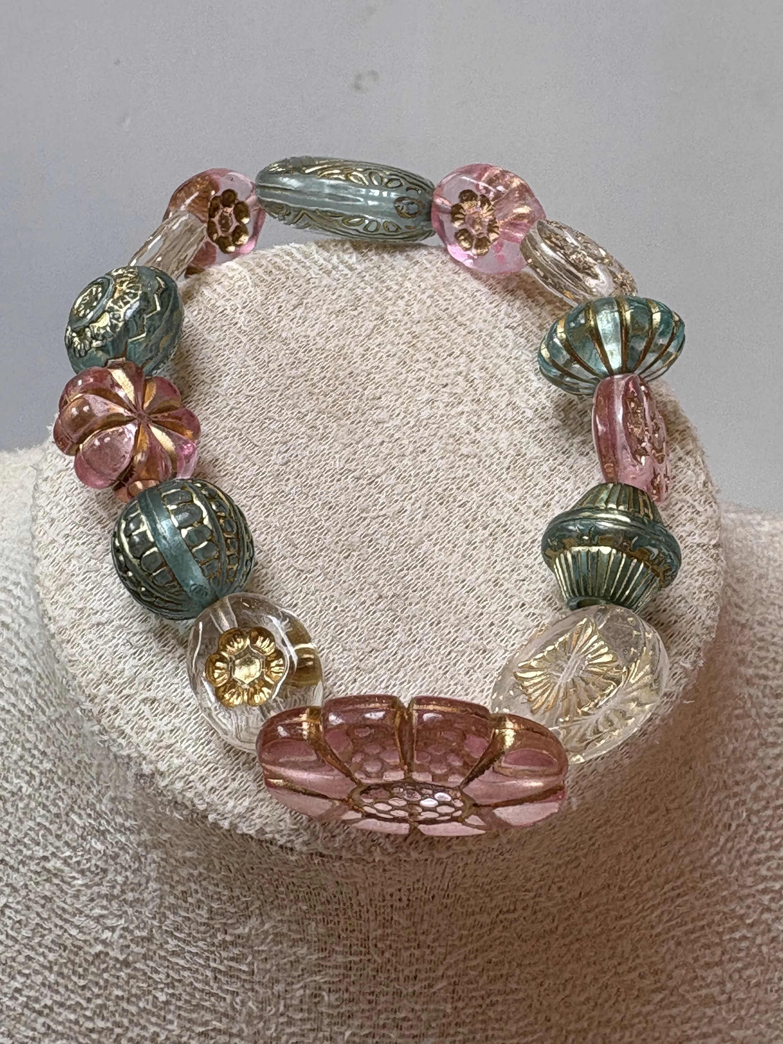 Pink and Green Floral Bead Bracelet