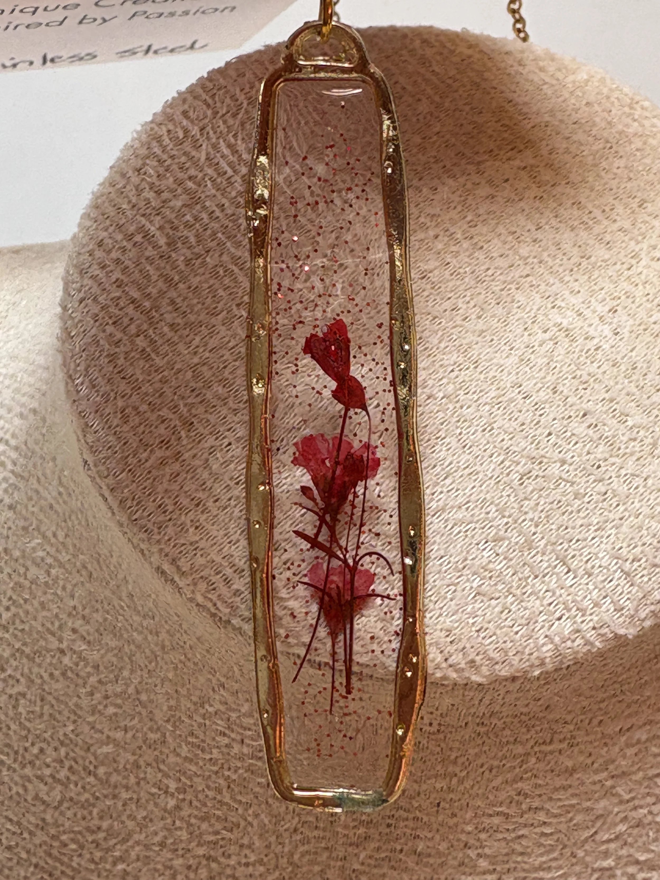 Dainty Red Dried Flower Resin Necklace in Gold-Tone