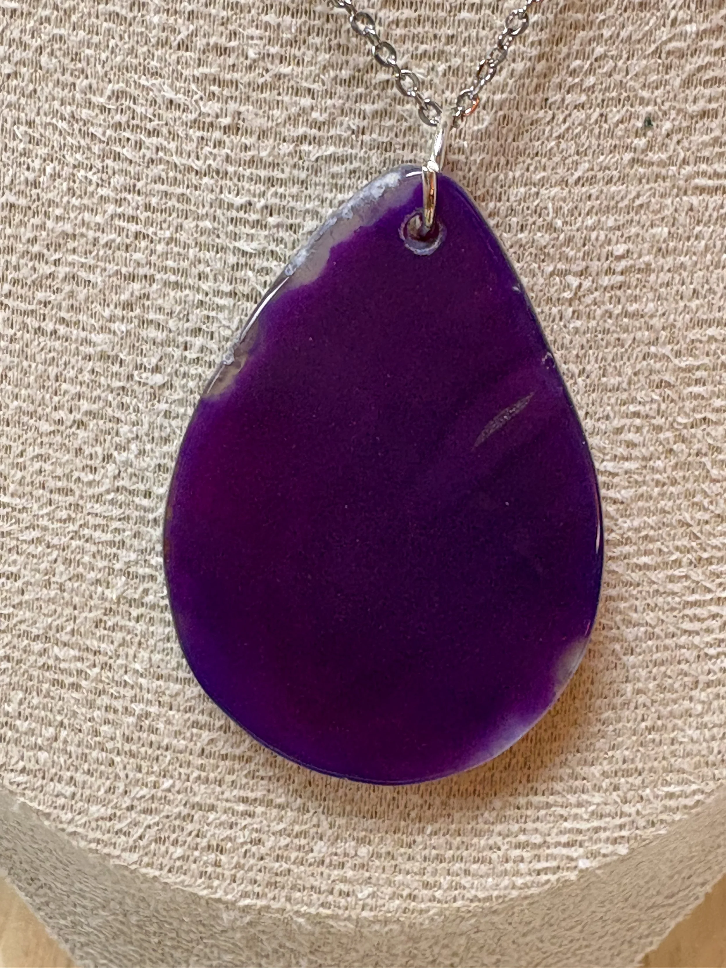 Purple Teardrop Agate Necklace with Silver Chain