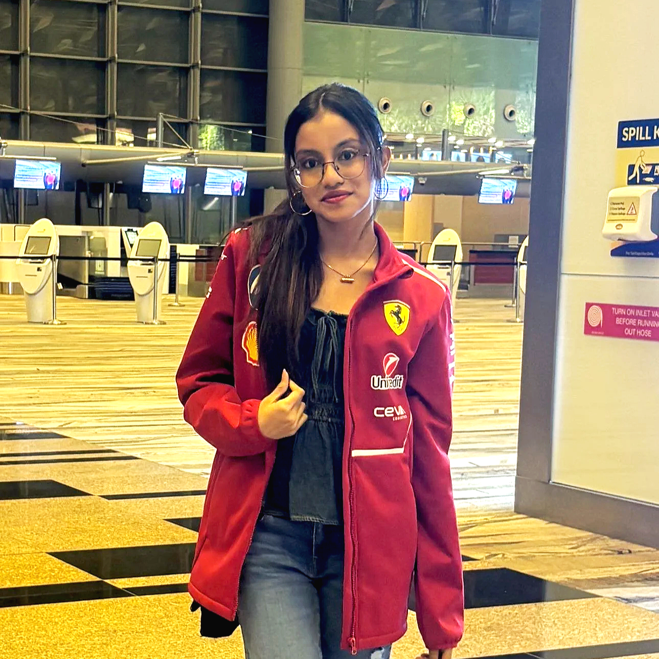 Cheerful Student of 18 years old in red blazer and black blouse ready