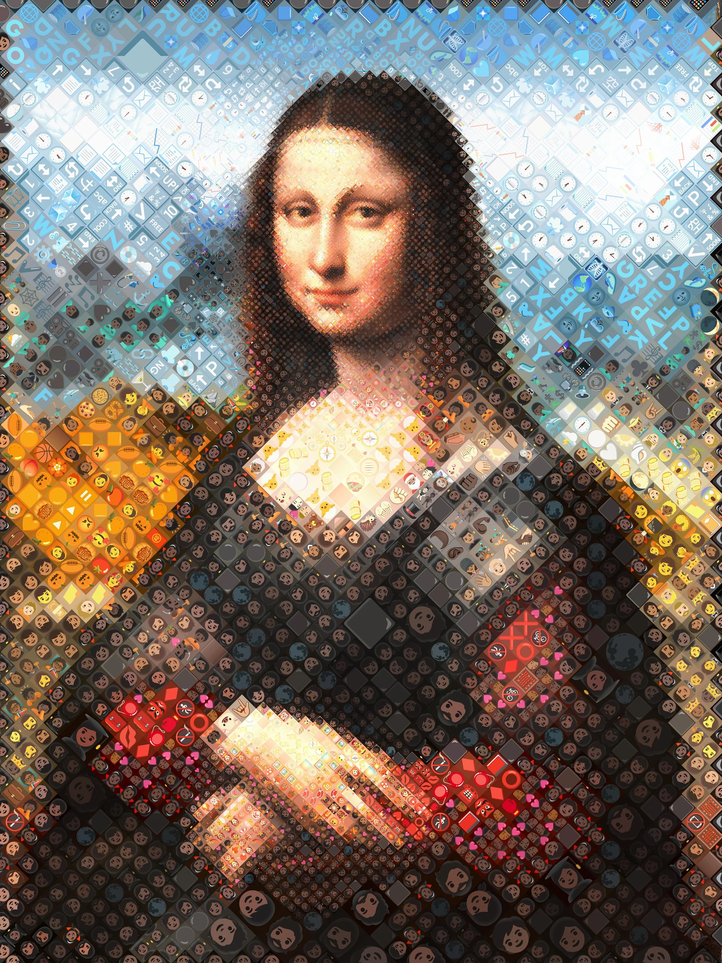 The piece that started everything publicly. The Emoji Lisa uses 5,814 tiles and 734 unique emoji in various sizes and rotations. It's a portrait of a portrait — which felt right. If any subject could absorb a second layer of interpretation, it was th